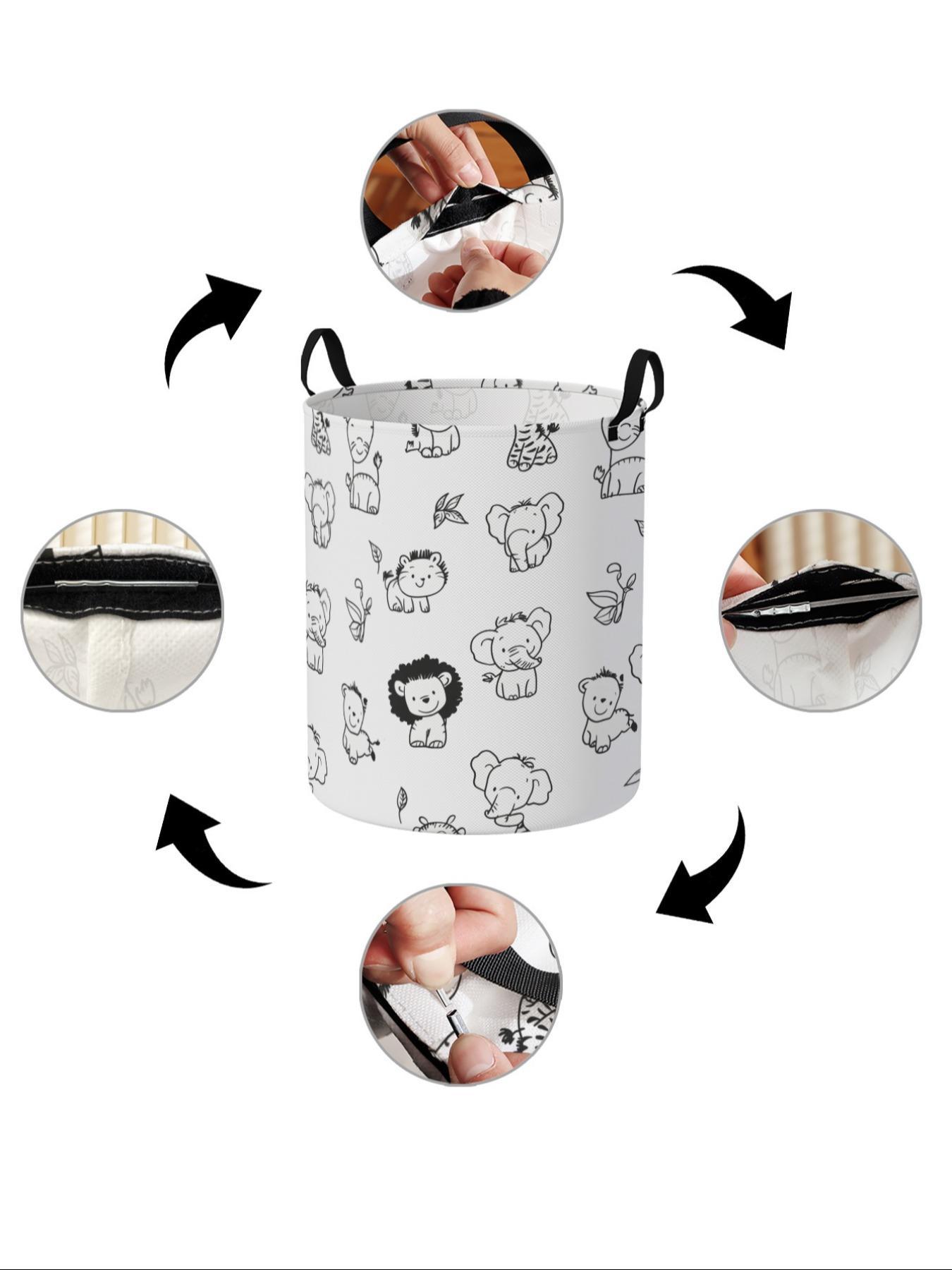 Elephant Pattern Laundry Basket with Handle, Durable Foldable Dirty Clothing Organizer, Large Capacity Toy Storage Box, Random Print Design, All Seasons Use