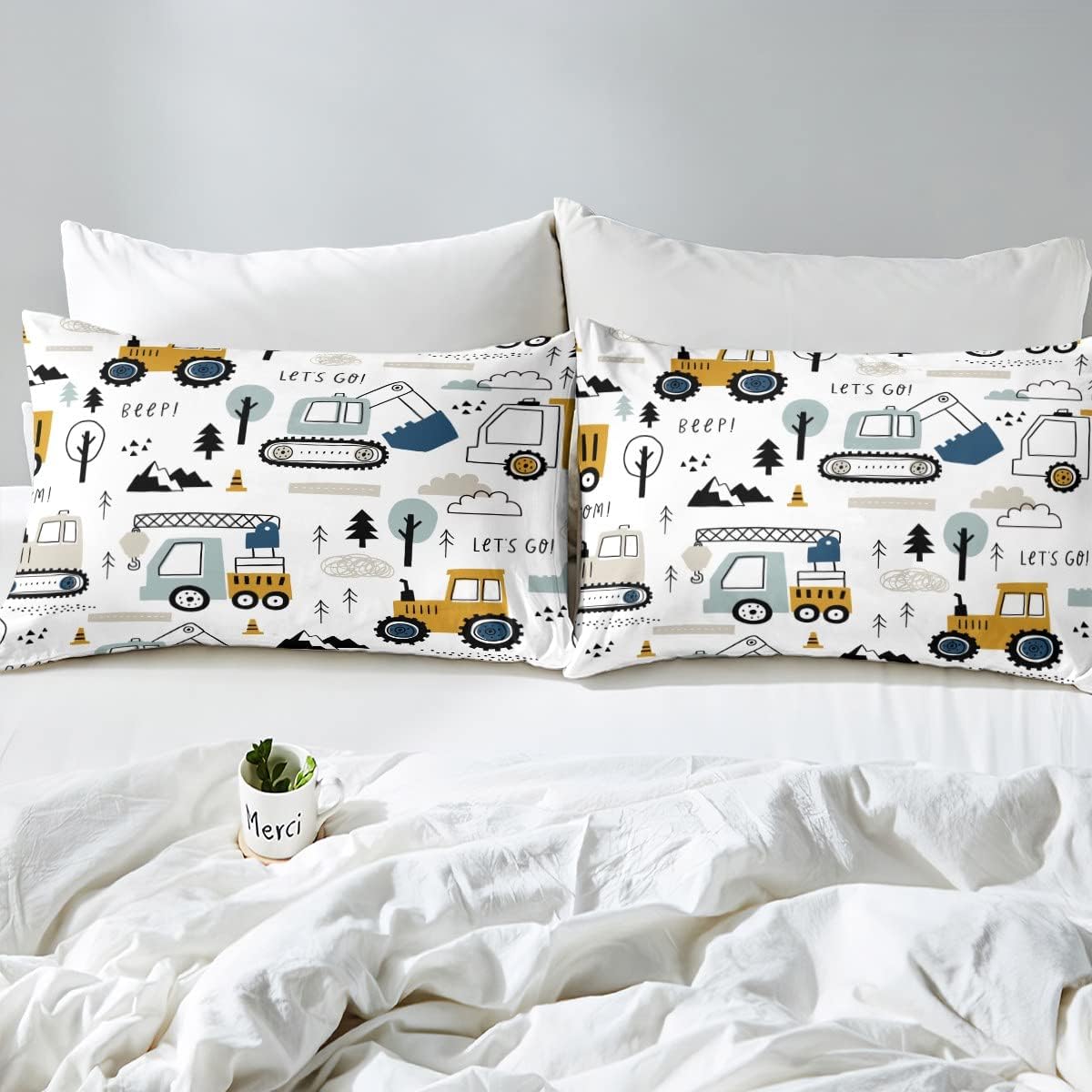 Cartoon Car Comforter Set,Construction Bedding Set,Room Decor Equipment Trucks Comforter All Season Excavator Tractor White Yellow Duvet Set