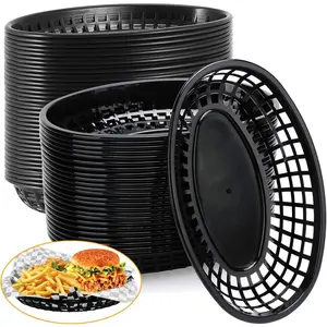 50 Pack Black Plastic Food Baskets 9" x 5.7" Oval Fry Fast Food Basket Plastic Serving Baskets for Hot Dogs, Burgers, Sandwiches, Fries, Barbecues, Picnics, Parties