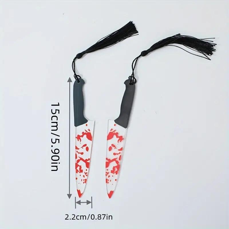 Gothic Horror Acrylic Bookmark Set, Blood Knife Design with Tassels, Durable Transparent Page Markers for Halloween Reading