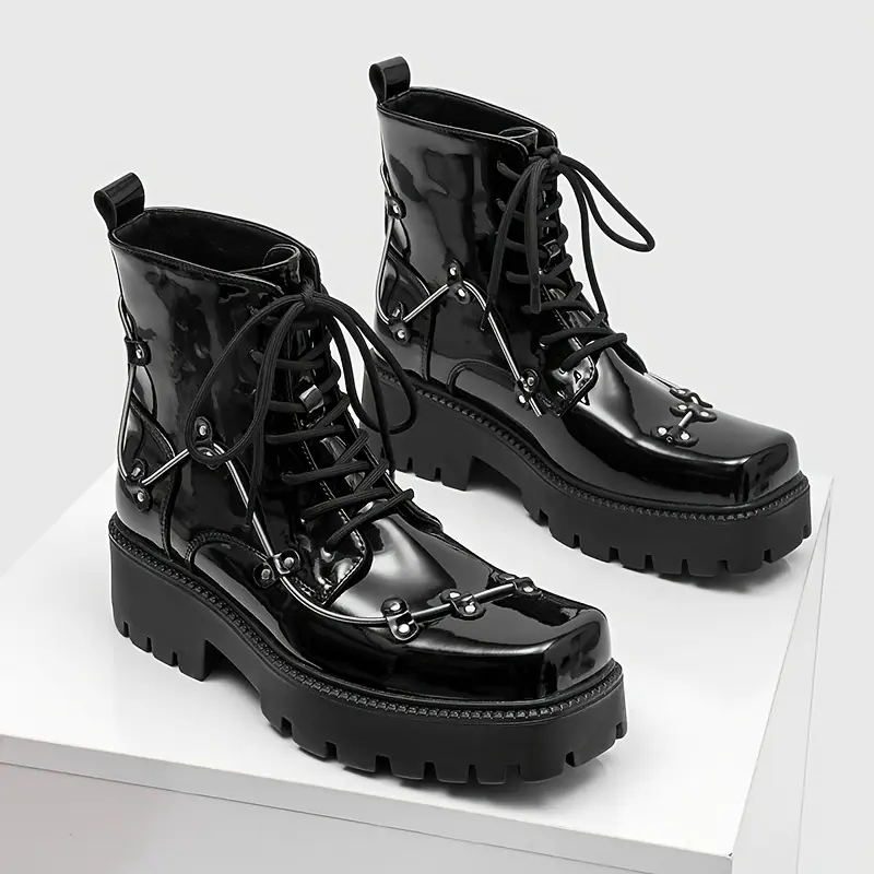 Bdhjydb Men's Vintage Punk Motorcycle Ankle Boots - Casual Lace-up Synthetic Party Shoes with Side Zipper, Metal Accents, No PVC Inner, All-Seasons Rubber Sole (Sports & Outdoor Footwear)