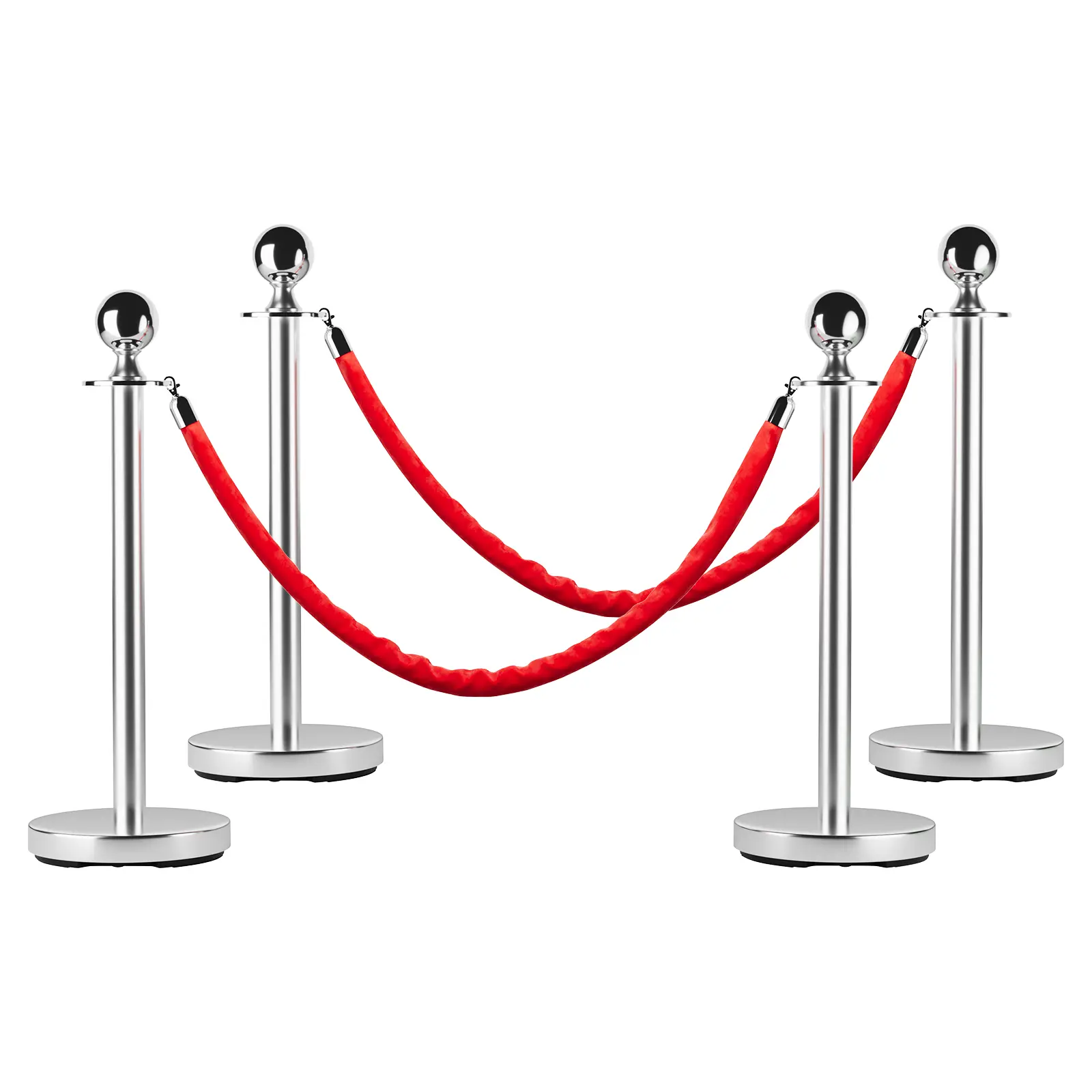 Heavy Duty Stainless Steel Crowd Control Stanchion Posts – Crimson Soft Ropes – Professional Safety Barrier System for Events, Parties, Queue Management – Durable Security Guardrails – 4 or 8 Pack, 5ft Ropes, Hollow/Sand Fill Base