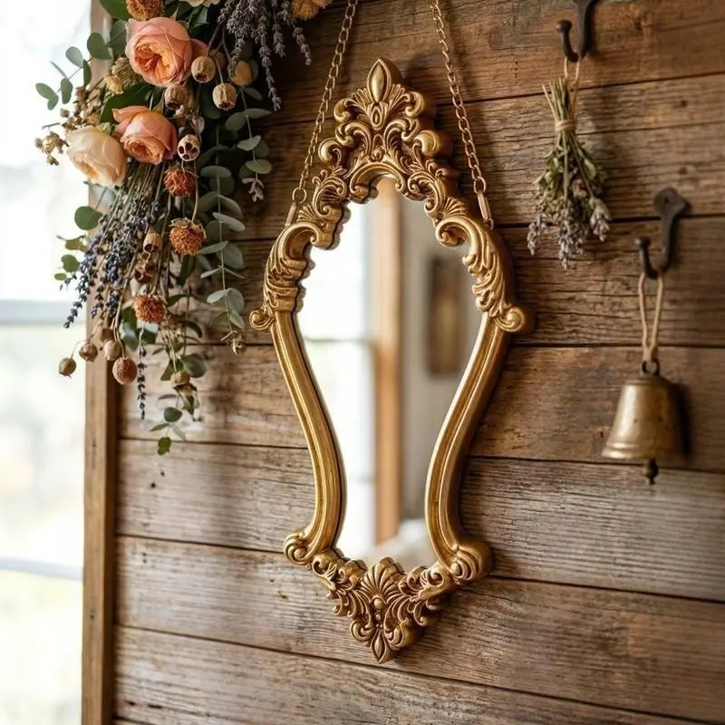 European Vintage Relief Resin Wall-Mounted Makeup Mirror, Baroque Carved Hanging Decorative Mirror, Bathroom Vanity Wall Art Piece, Home Luxury Gift, Antique Mirror