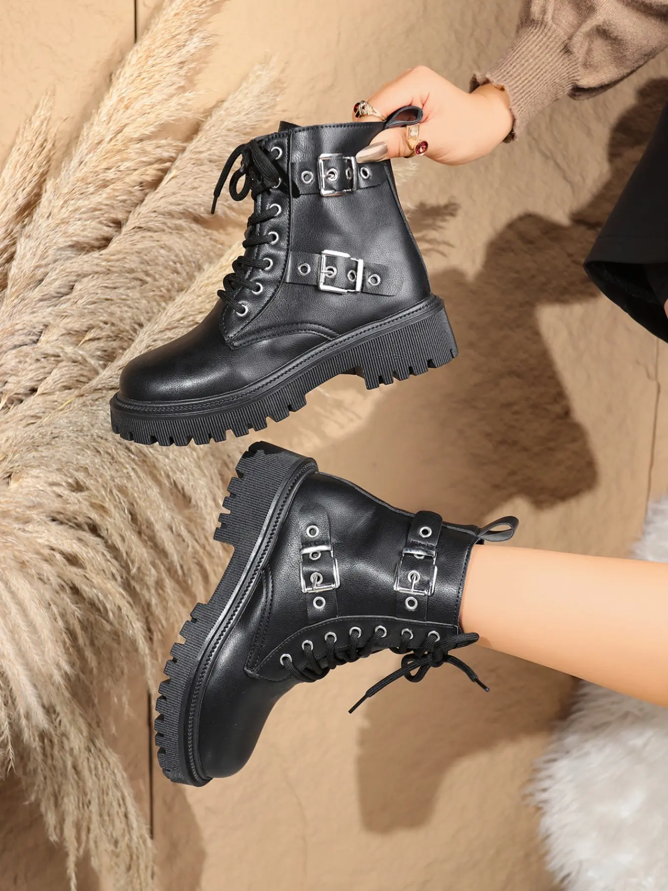 Women's Punk Style Ankle Boots, Thick Sole, Metal Buckle Side Zipper, Casual PU Leather Flatform Shoes for Fall & Winter, Boots with Zipper