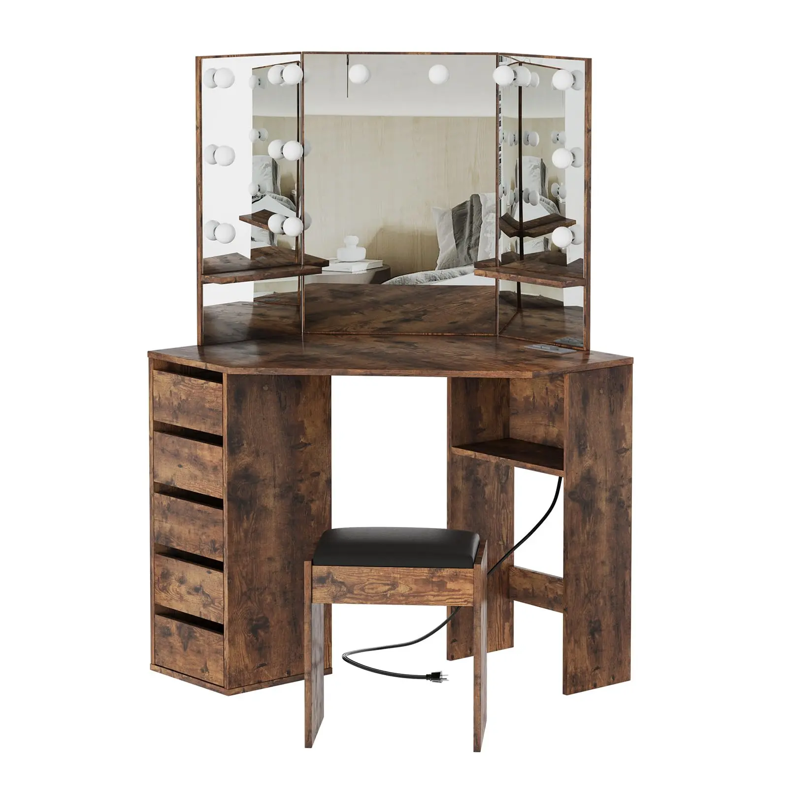 Corner Makeup Vanity Desk with Tri-Fold LED Lighted Mirror, 10 Bulbs - Charging Station - 5 Drawers, Space-Saving Dressing Table for Bedroom, Small Spaces