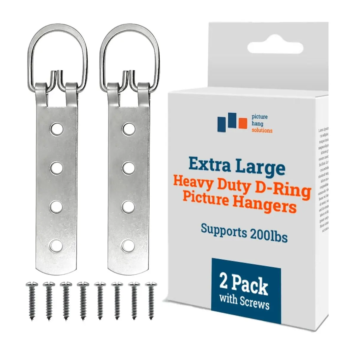 Extra Large Heavy Duty D-ring Picture Hangers, 2 Pack with Screws, D Hooks for Picture Hanging, 200 Lb Capacity, 6.5 Inch Steel Strap Hangers for Frames and Mirrors