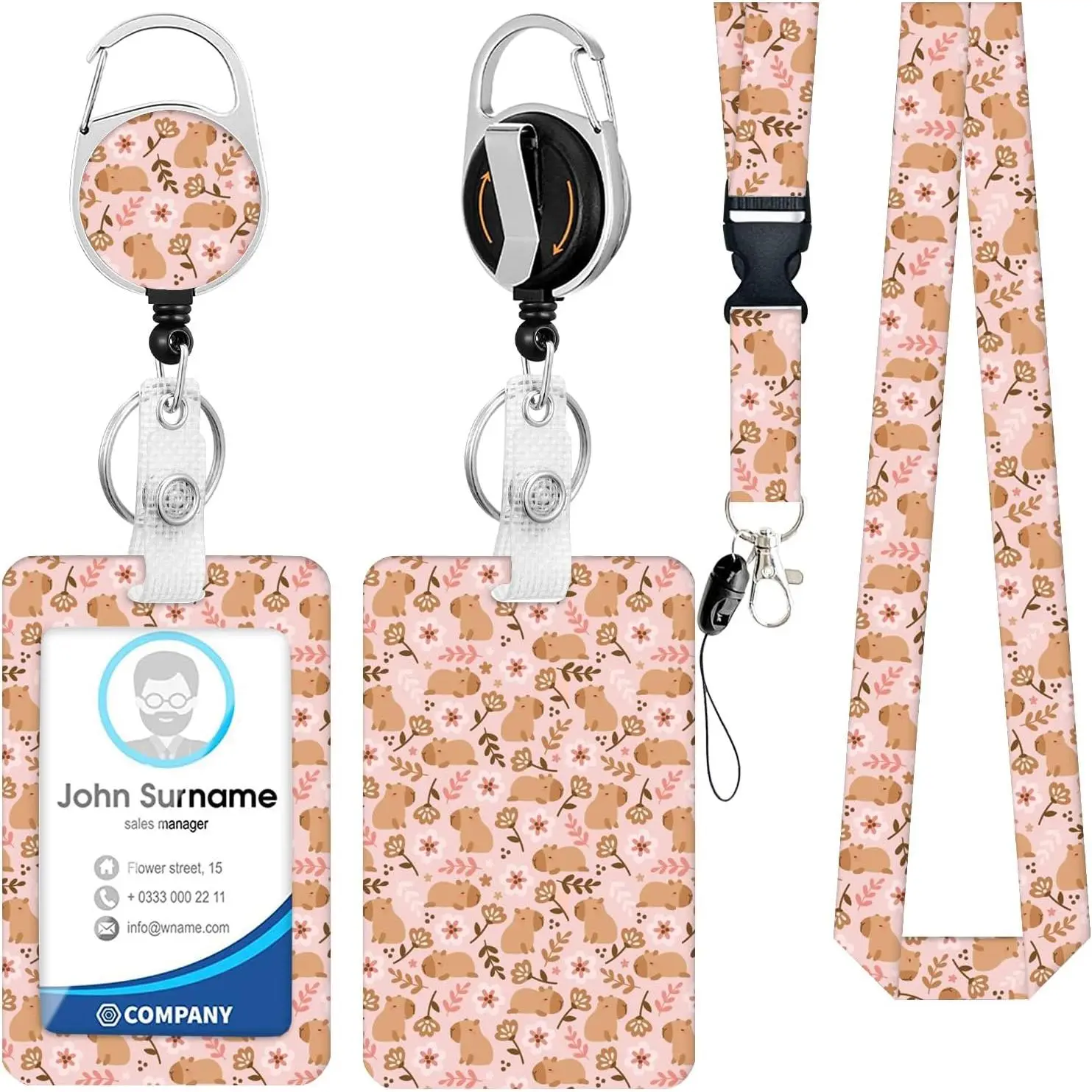 Funny Capybara ID Badge Holder with Breakaway Lanyard and Heavy-Duty Retractable Reel, 360° Rotating Carabiner  for Women, , Teachers, Students, Office or Work Use