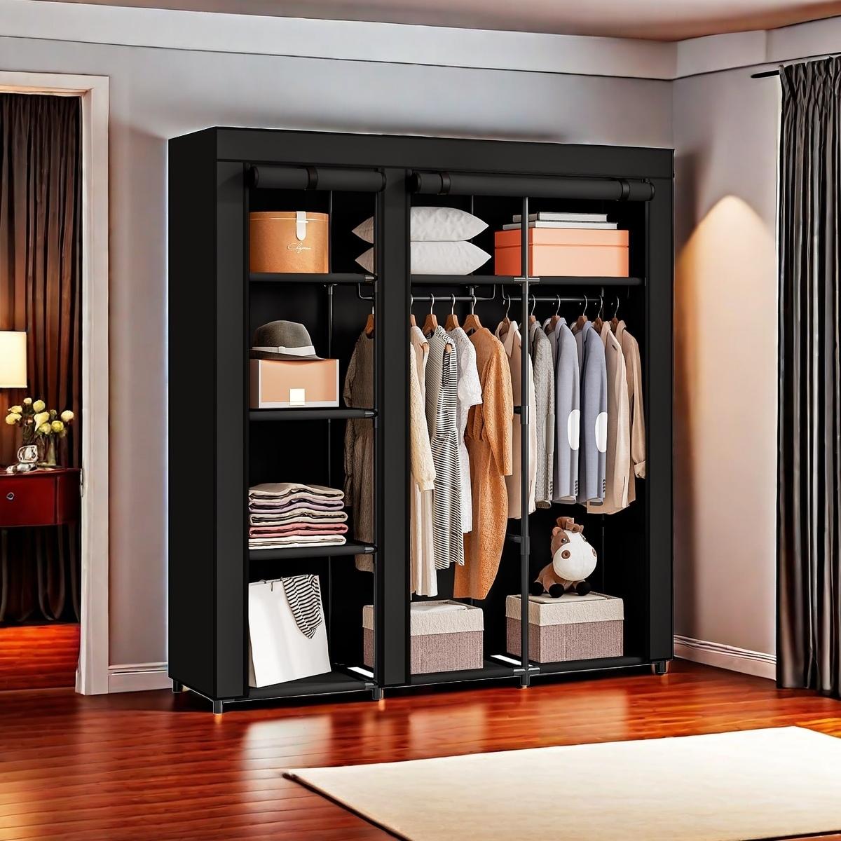 LINZINAR Portable Closet Large Wardrobe 51in Clothes Organizer with 2 Shelves 4 Hanging Sections Metal Frame Dustproof Home Bedroom Storage LINZINAR Portable Closet Large Wardrobe 51in Clothes Organizer with 2 Shelves 4 Hanging Sections Metal Frame Dustproof Home Bedroom Storage