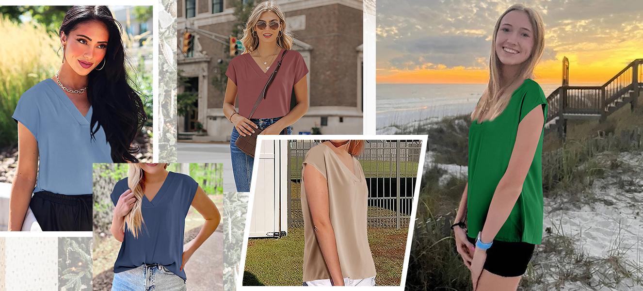 Danedvi Women's V Neck Chiffon Blouses Cap Sleeve Shirts Casual Loose Work Office Solid Tops Chic Polyester SpringStatements