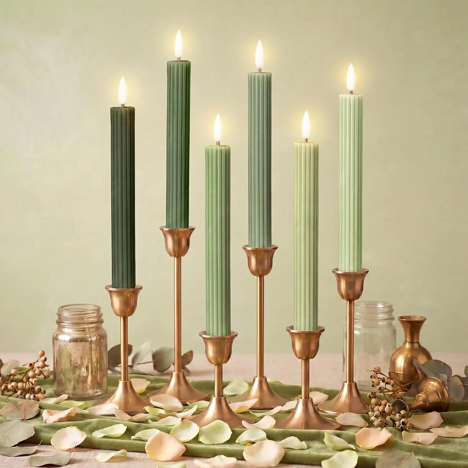 Conelist 6 Pack LED Flameless Taper Candles, 10 Inch Sage Green Fluted Ribbed Grooved Candles Battery Operated Neutral Candlesticks for Wedding Table Centerpiece Dining Mantel Menorah Home Decor