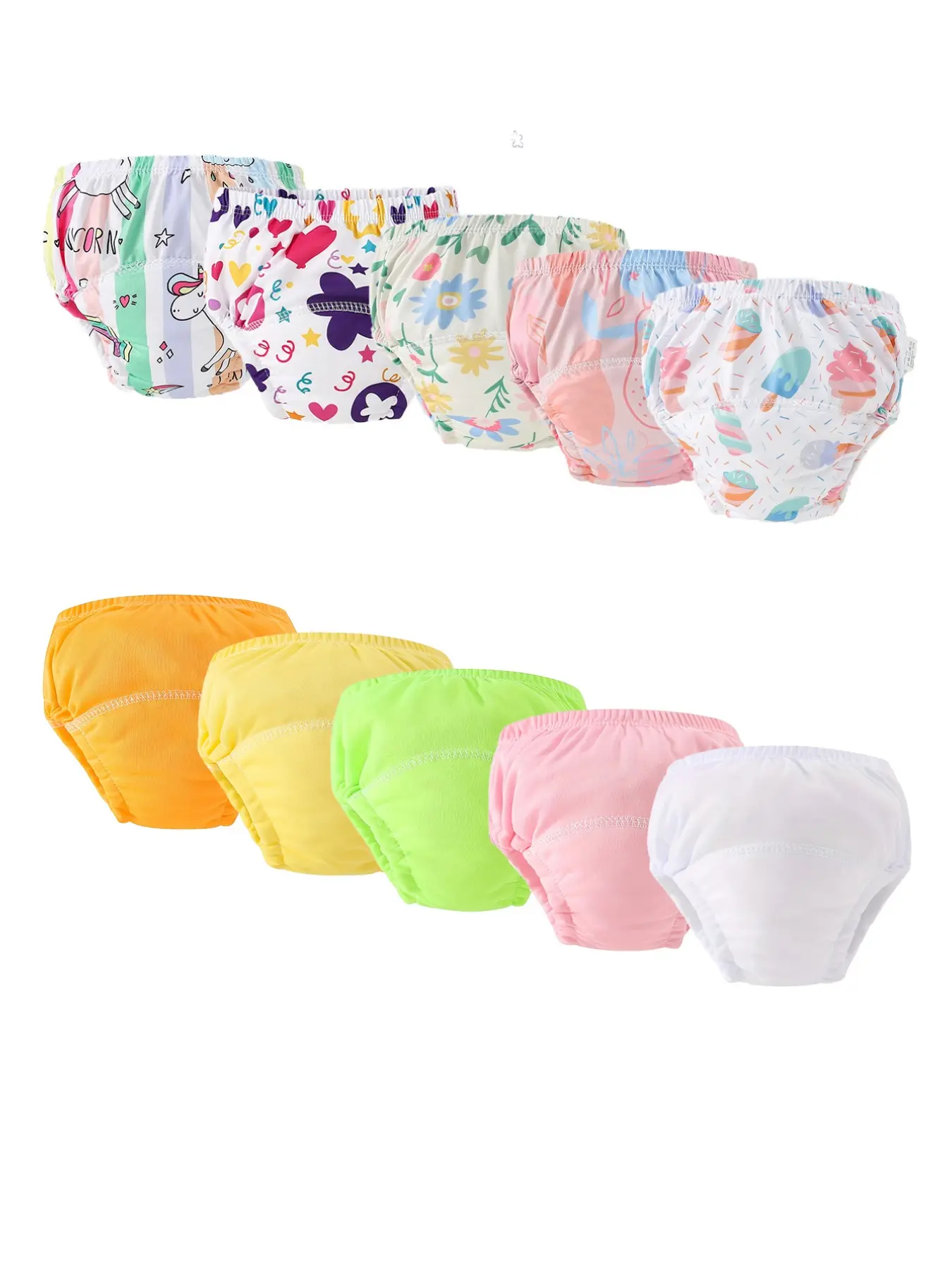 10-Pack Girls' Potty Training Pants, Washable Reusable Baby Diaper Training Underwear, Cute Unicorn, Flower, Ice Cream Prints, Solid Colors