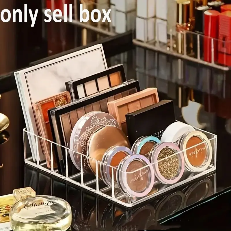 7-compartment transparent makeup storage box, 1 cosmetic storage tray, suitable for use as a desktop makeup organizer in homes, bathrooms, hotels, and beauty salons.