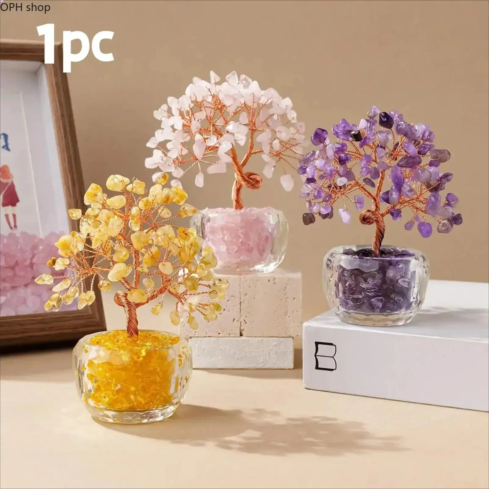 Creative Tree Glass Vase with Amethyst, Citrine & Colorful Healing Crystal Stones - Decorative Indoor Ornament for Home, Office Desk