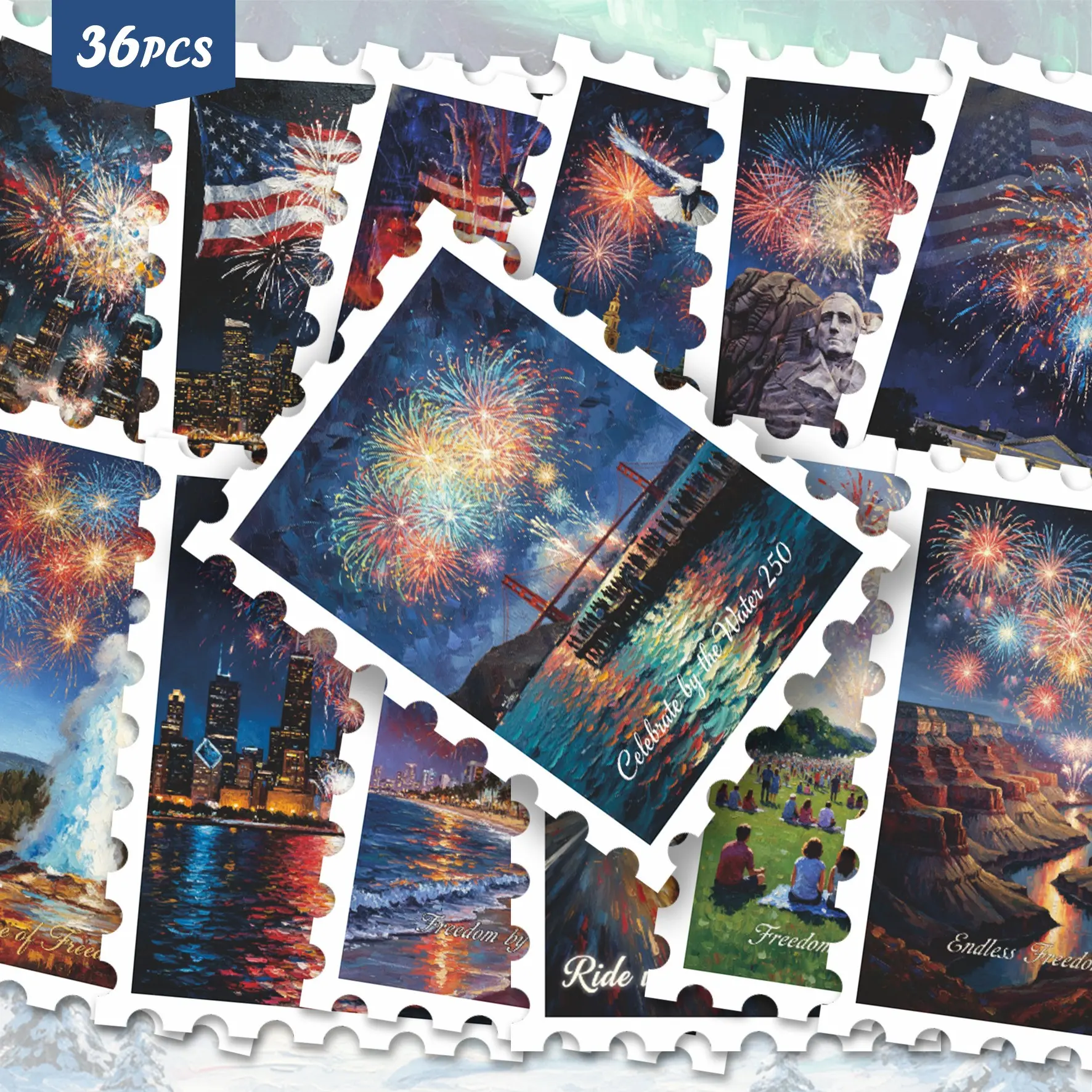 36pcs Fireworks Night Scenery Stickers Pack | Aesthetic Patriotic City & Landscape Celebration Art Graphics | Vinyl for Tablet, Water Bottle & Gift Decoration