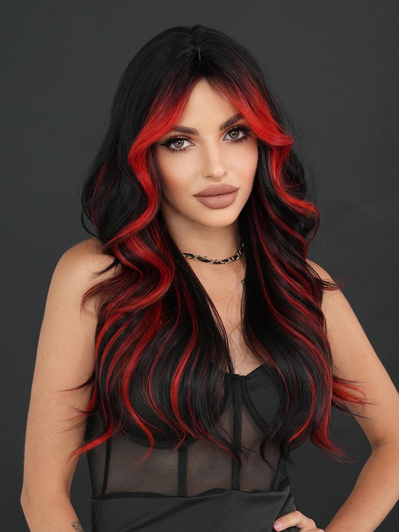 26 Inch Long Body Wavy Pre Styled Synthetic Hair Wig for Women, Natural Looking Fluffy Synthetic Fiber Wavy Texture Wig with Curtain Bangs, Full Machine Highlight Loose Wave Wig for Party, Daily Use, Highlight Brown Wig, Synthetic Wavy Hairstyle