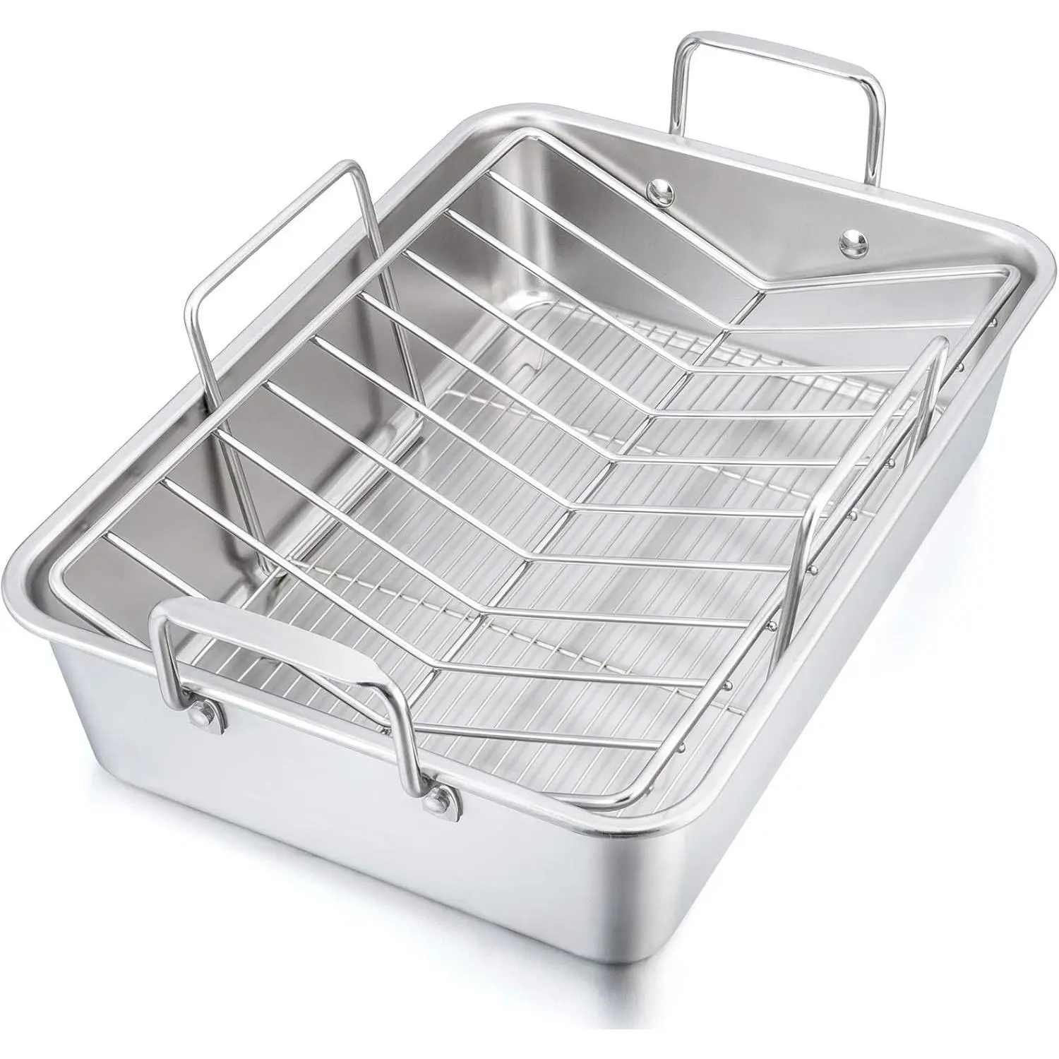 16" Roasting Pan with Racks, Stainless Steel Roaster Turkey Pan | Includes Rectangular Lasagna Pan with Handles,Baking Rack and V-shaped Rack, Healthy & Dishwasher Safe, 3 Pcs, Silver
