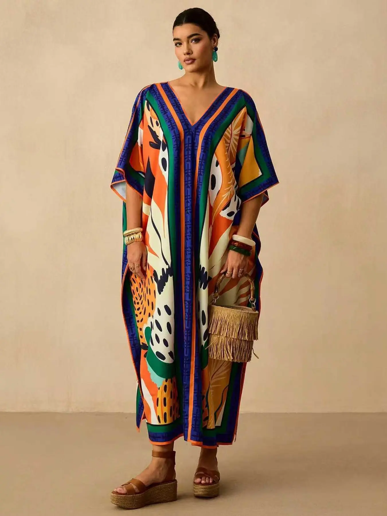 Women's Elegant Chic Long Abaya with Print, Loose Fit Spring Summer Fall Pullover, Casual Plus Size Middle Eastern Fashion Outerwear