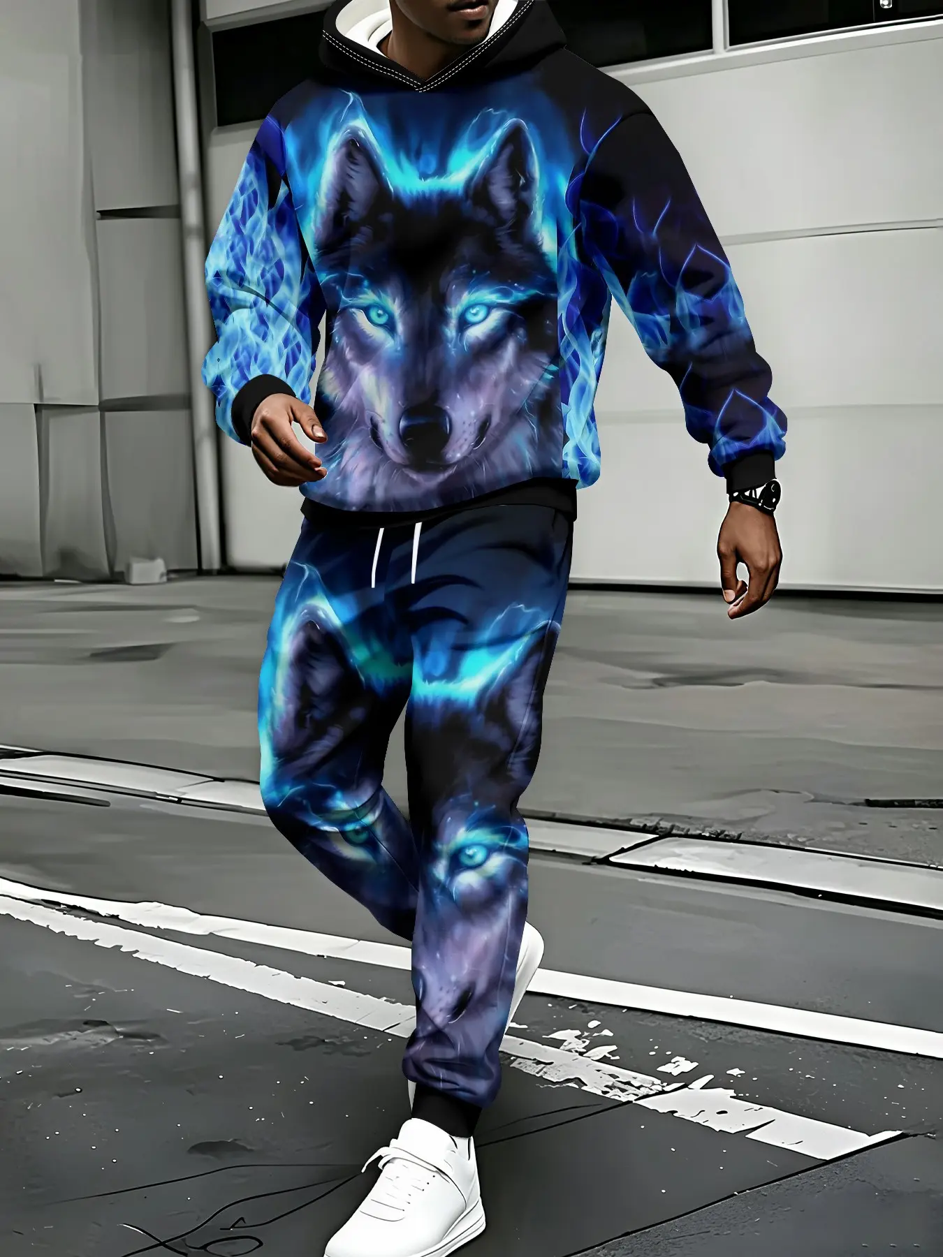 Cool Blue‑Flame Lone Wolf Digital Print Men's Long‑Sleeve Hoodie + Drawstring Casual Trousers Two‑Piece Set flat digital print with no concave‑convex texture, versatile laid‑back daily casual outfit set Clothes