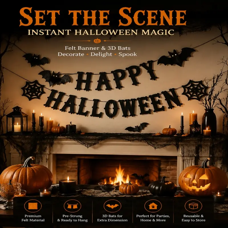 Happy Halloween Banner Black Glitter Paper Decoration | Bat & Spider Web Accents, Wall Hanging Decor, Photo Prop, Scary Party Supplies, Home Backdrop