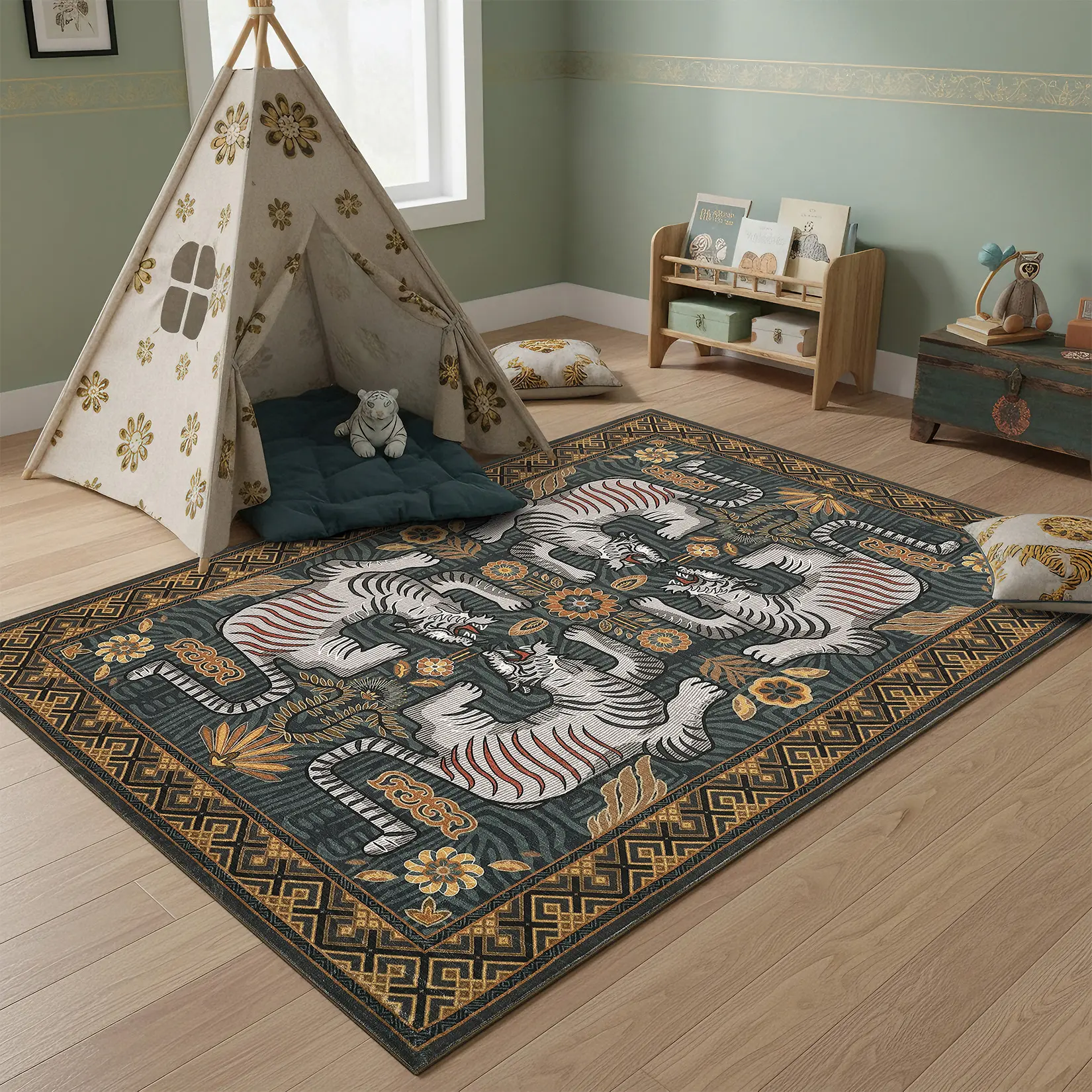 Terracotta Orange Boho Vintage Tibetan Tiger Print Area Rug - 5x7 ft Soft Washable Polypropylene Carpet, Ultra-Thin Non-Slip Floor Mat - Living Room Decor, Home Interior Accent - Made in USA with Area Rug Cleaning Compatibility, Aztec Totem Area Rugs