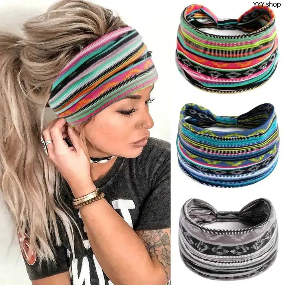Women's Bohemian Cotton Wide Elastic Wide Headbands - Soft Lightweight Stretch Fit Hair Wrap, Wrap Around Ponytail Accessory, All-Match Casual Wear Decor for Beach Travel Graduation Party Outfit Styling