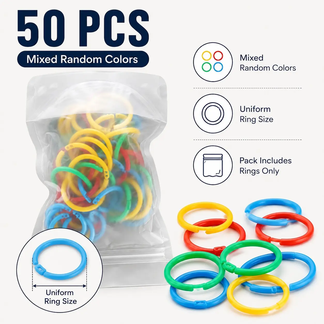 50 Pcs Plastic Notebook Binder Rings, Random Mixed Colors, Loose Leaf Binding Rings for Planner and Document Organization, Office Supplies