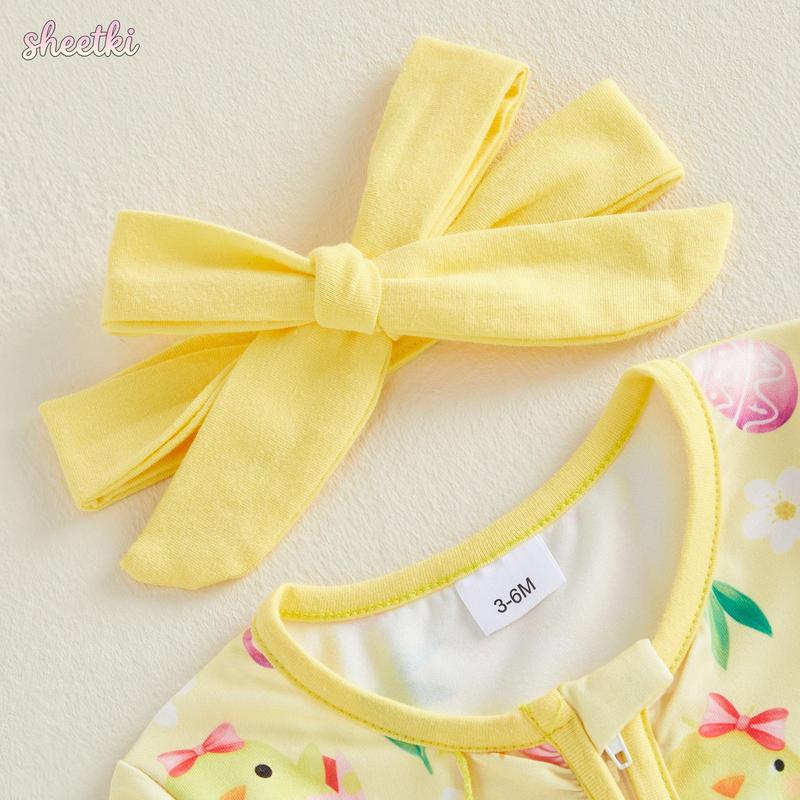 Newborn Baby Girl Easter Outfit Chick Egg Floral Long Sleeve Zip-up Footed Jumpsuit with Headband 2 Piece Spring Set