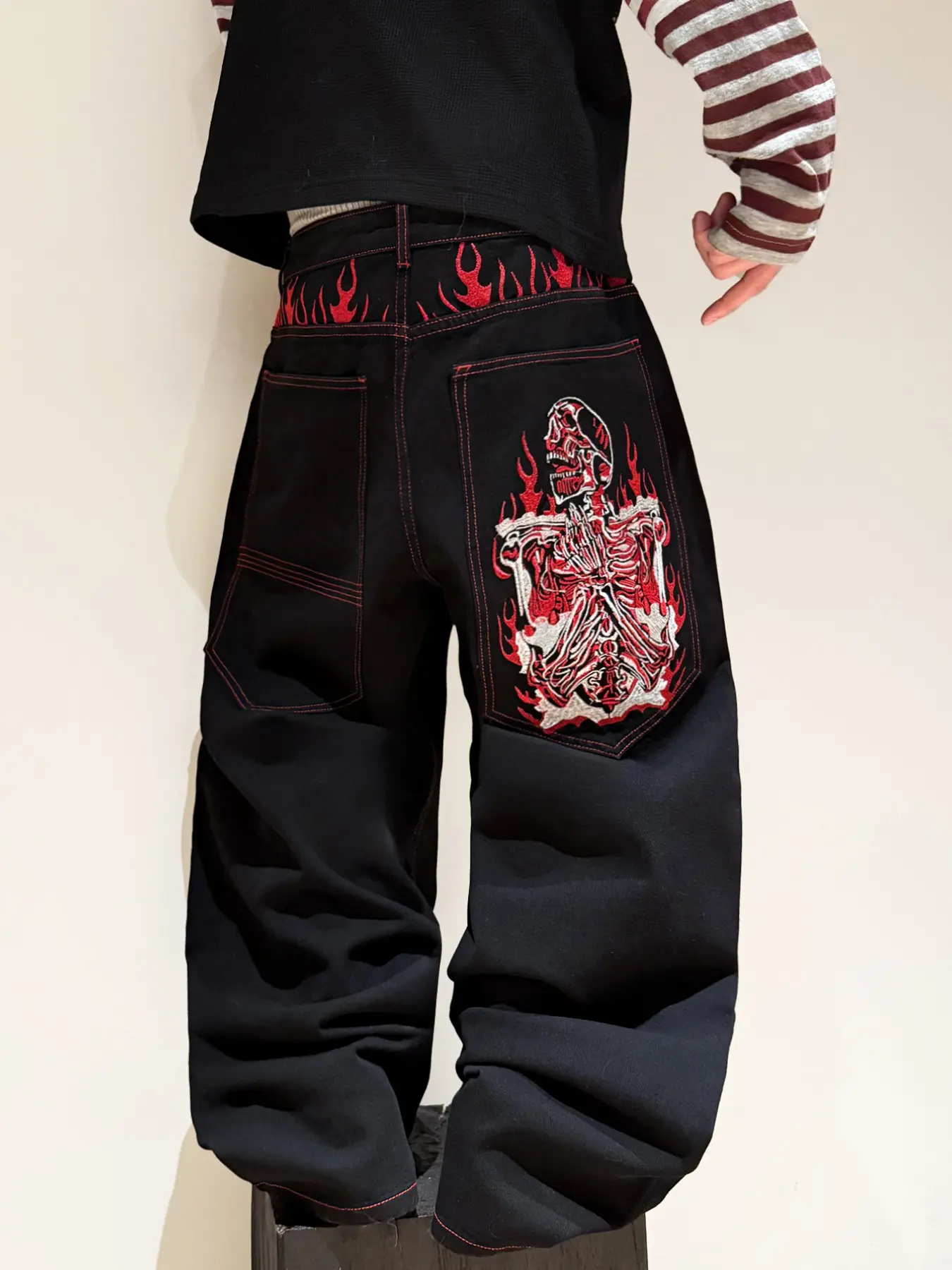 Men's Denim Jeans, Flame Skull Embroidery Straight Leg Wide Leg Jeans, Y2K Streetwear Loose Long Pants, Halloween Gift