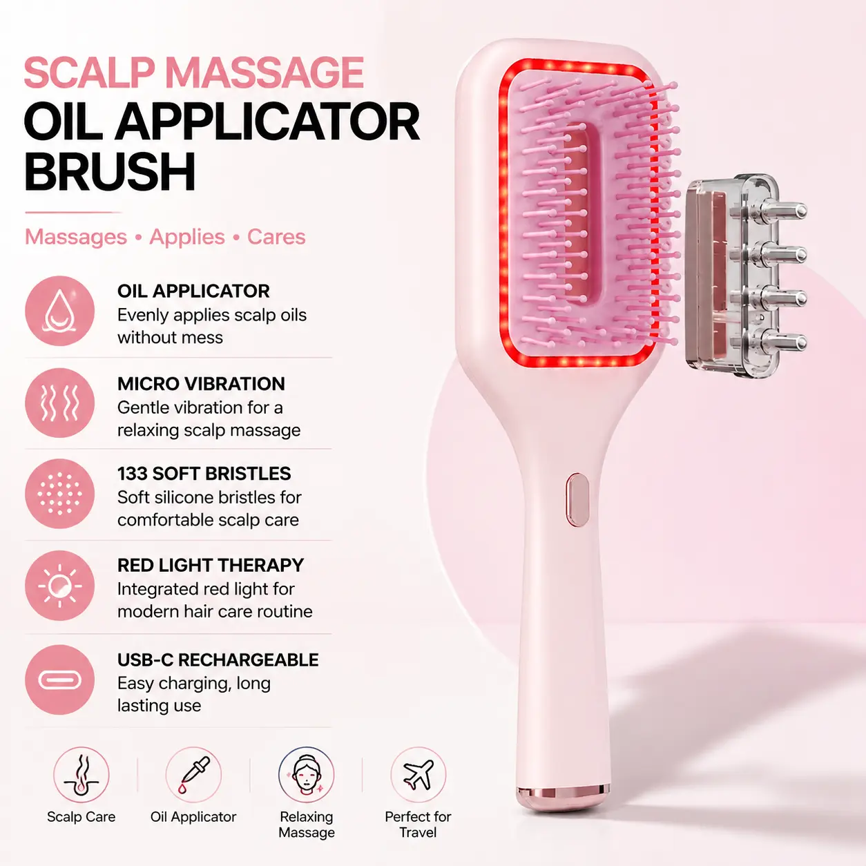 Scalp Massage Oil Applicator Brush – Pink Hair Care Brush with 133 Soft Silicone Bristles, Red Light & Micro Vibration Scalp Massager for Relaxing Hair Care Routine