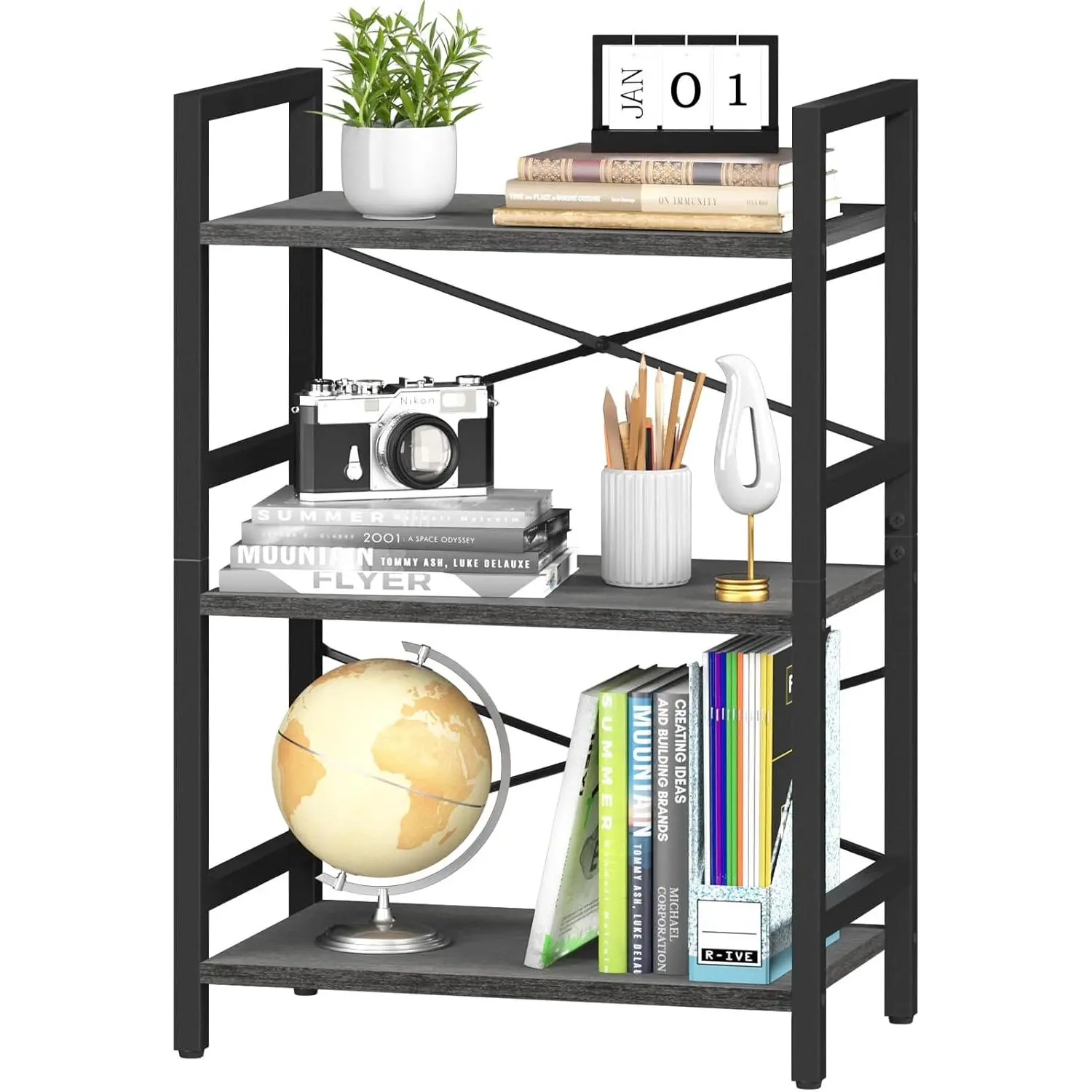 Bookshelf Small Book Shelf, Solid Industrial 3 Tier Shelf Bookcase, Short Book Case for Bedroom, Living Room, Office , Small Spaces, Easy Assembly Charcoal Gray