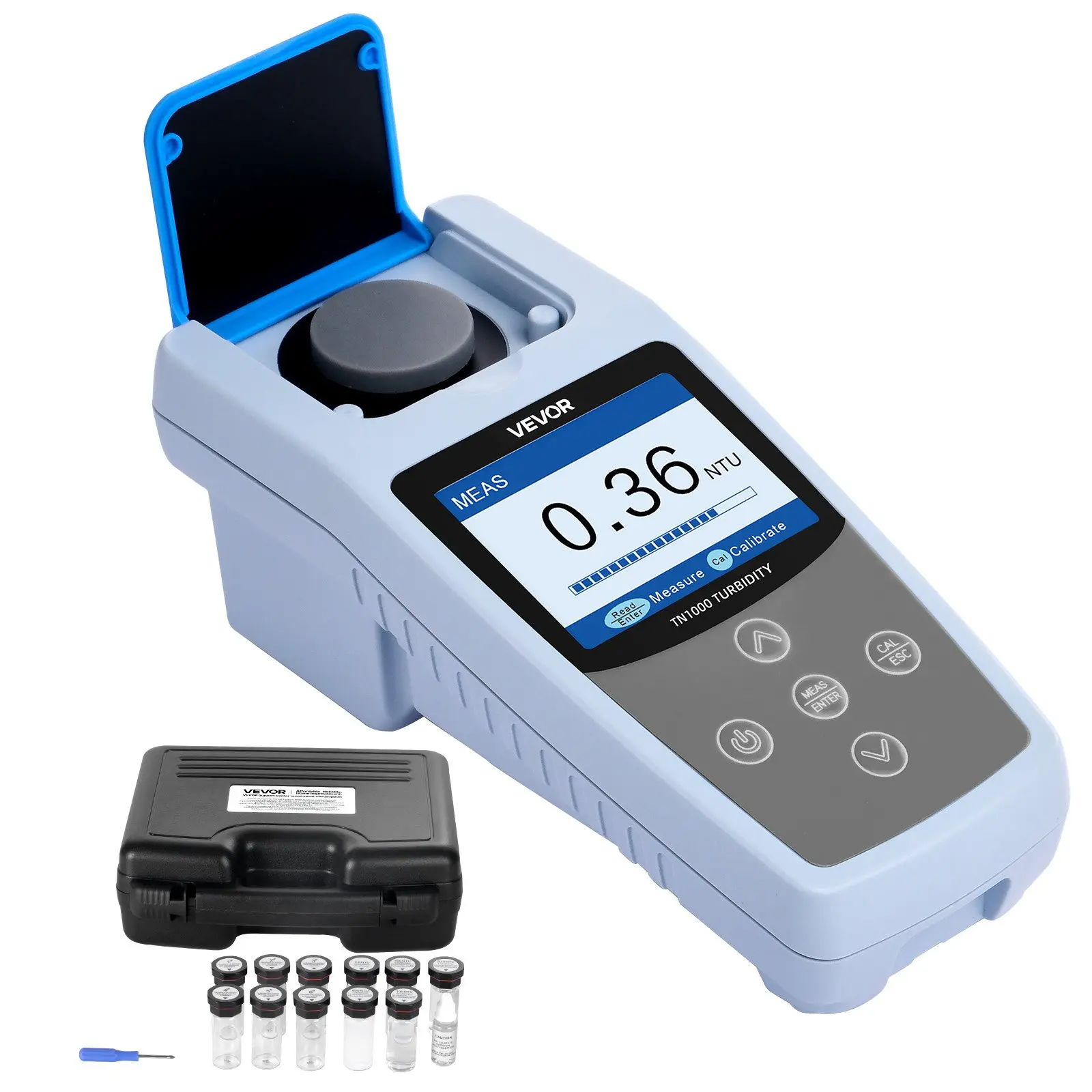 VEVOR Turbidity Meter, 0–1000 NTU Measuring Range, ISO 7027 Compliant, Portable Red Light Turbidimeter, Quick Reading, with Calibration Solutions, Sample Vials, and Carry Case, for Field and Plant