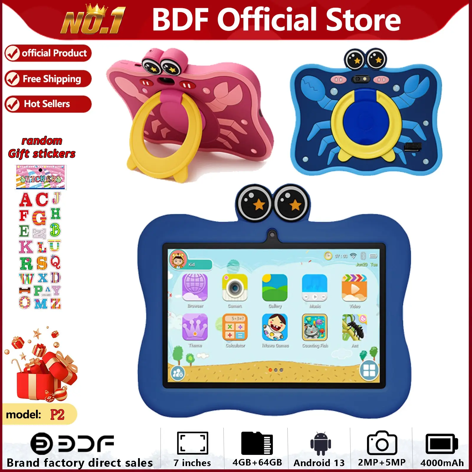 Educational Tablet, 7-Inch Android 13, 4GB RAM 64GB Storage, Quad-Core Processor, HD Screen, Dual Cameras, Long Battery Life
