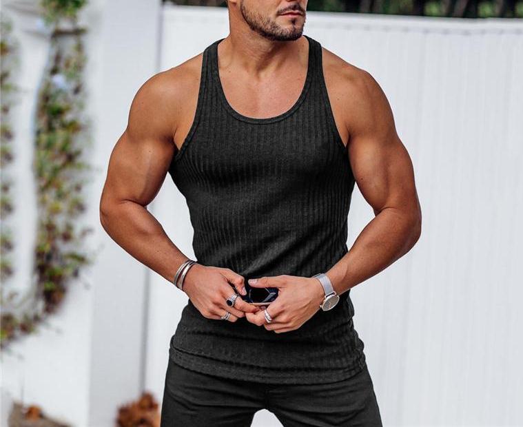 Pit Stripes Knitted Y Back Fitness Tank Tops Mens Bodybuilding Stringer Singlets Slim Fit Muscle Sleeveless Shirt Gym Clothing