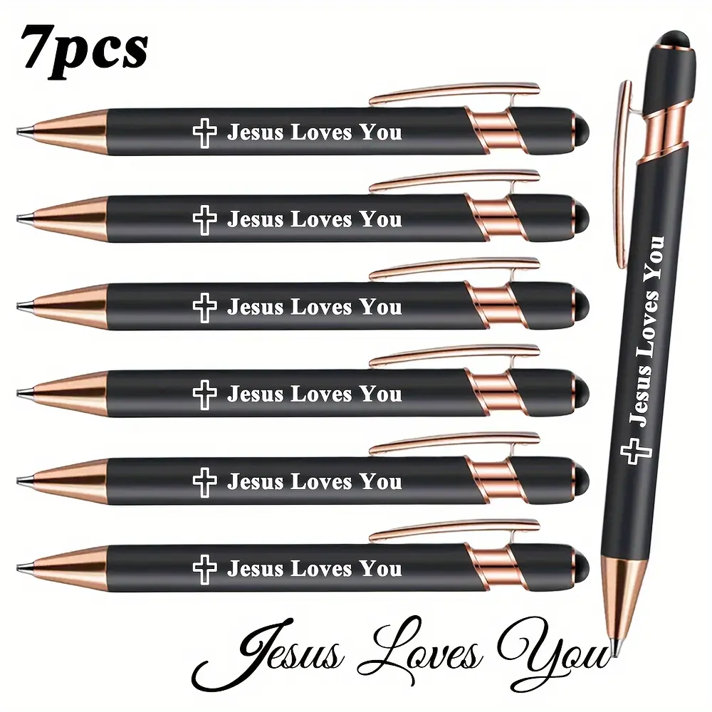 Set of 7 Luxury Metal Ballpoint Pens Featuring The Words “Jesus Loves You” and A Cross Design. Writes Smoothly and Is Touchscreen-compatible. Black Ink. Easter Gift Smooth Writing Ballpoint