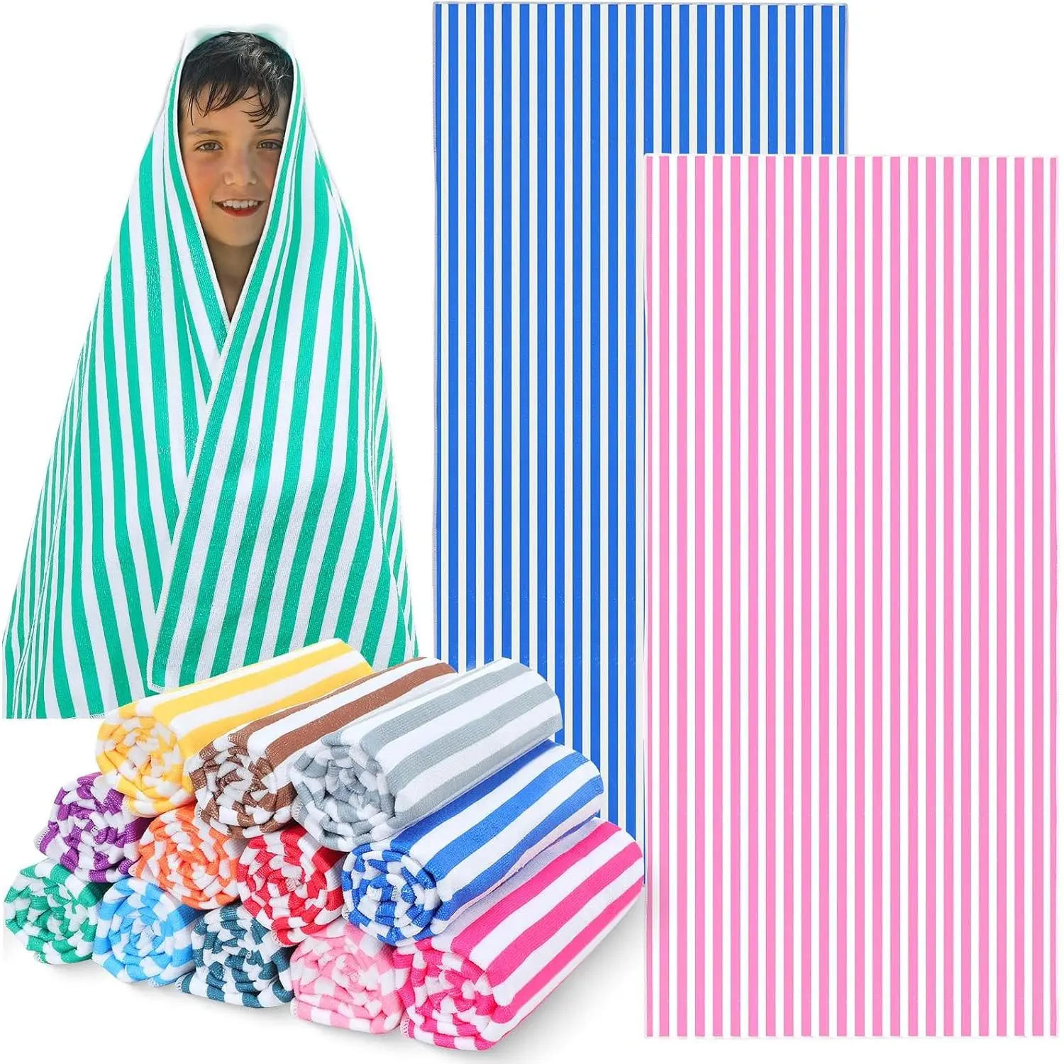 12 Pack Microfiber Beach Towel Bulk Pool Towel 27.5 x 59'' Large Striped Highly Absorbent Quick Dry Soft Swim Travel Towel Bath Towel Set Cute Summer Pool Party Favor for Kid Adult, 12 Colors