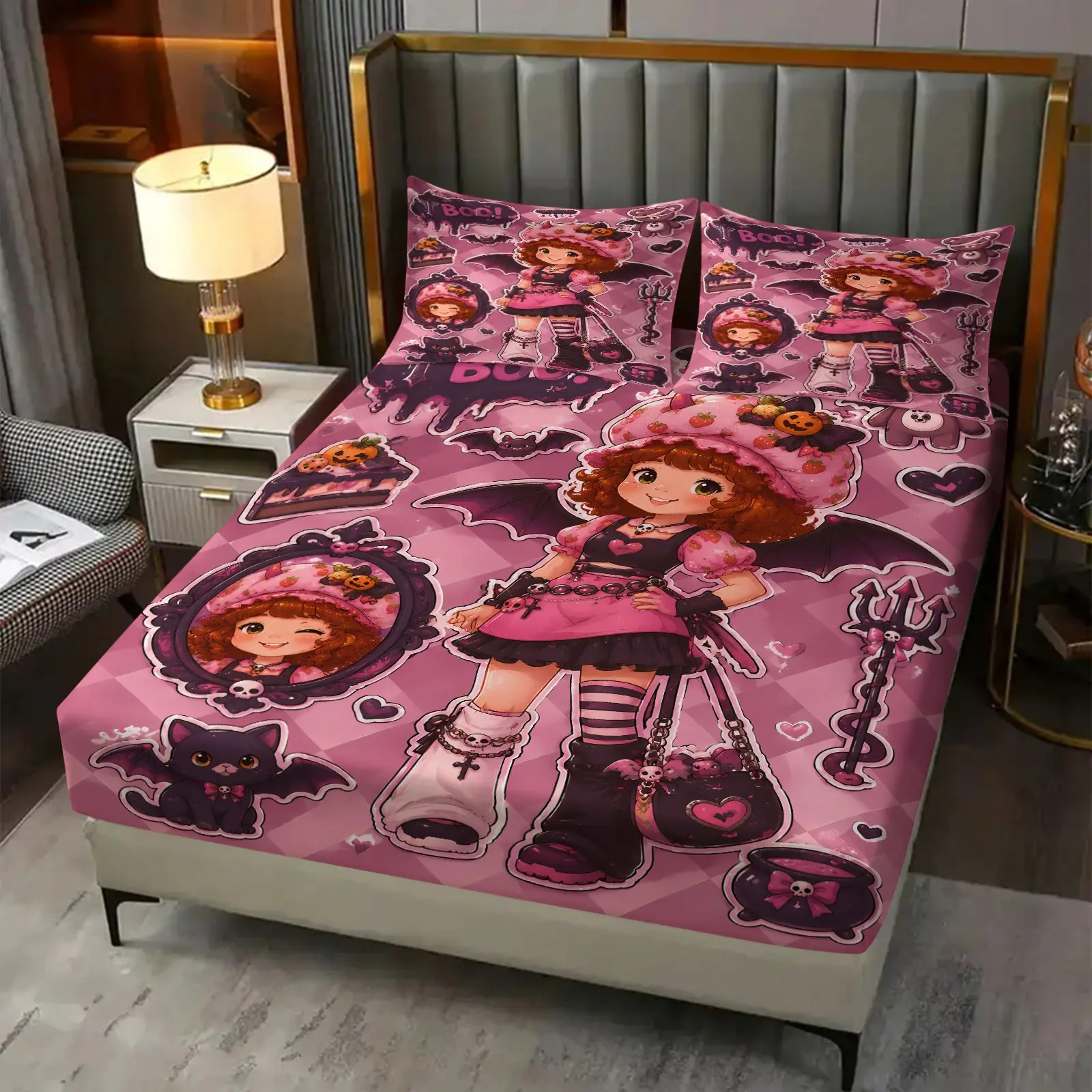 3Pcs Pink Gothic Halloween Devil Girl Fitted Sheet Set & 2 Coreless Pillowcases, Sweet Girly Horror Sticker Bat, Black Cat And Pumpkin Pattern. Soft Breathable Durable Polyester, Deep Pocket Anti-slip Design, For Girls Bedroom And Dorm Decor