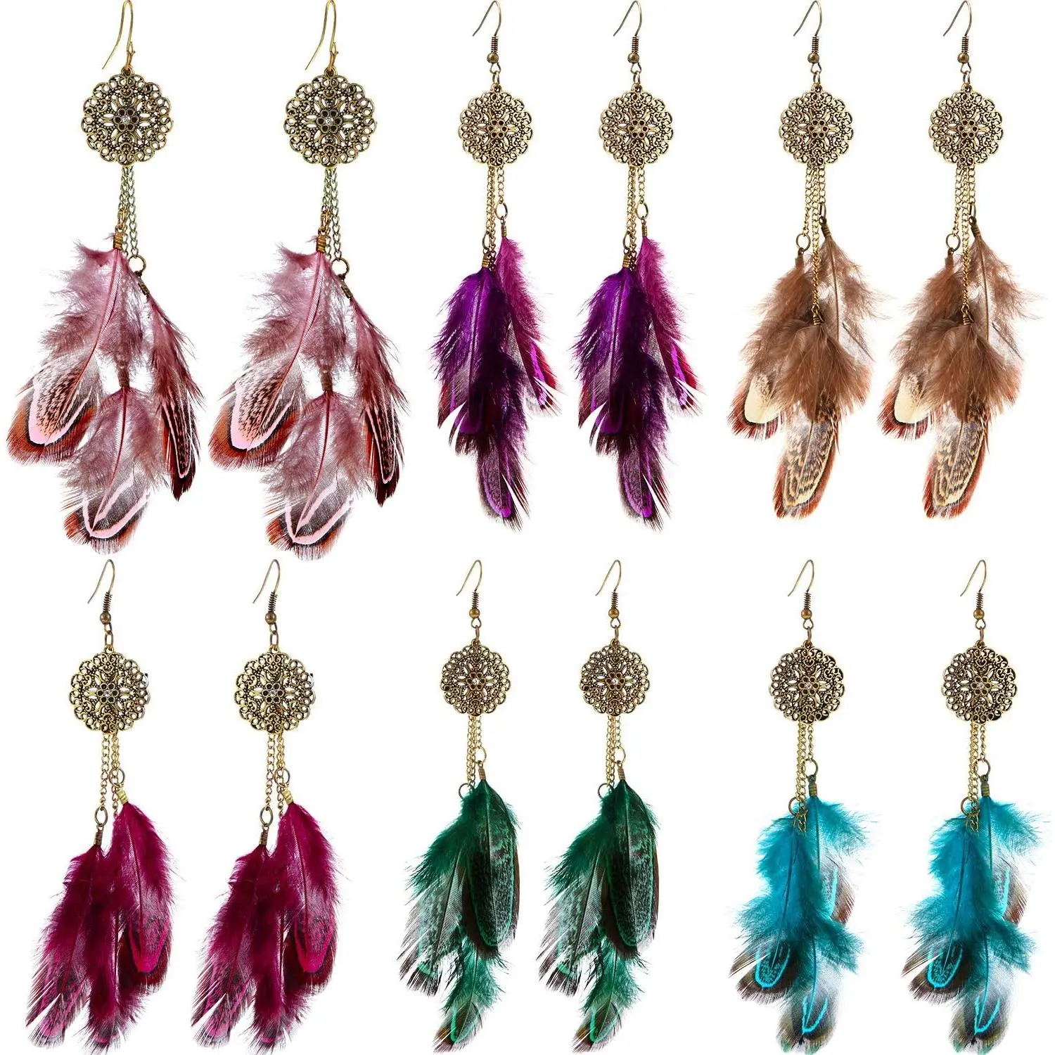 6 Pairs Women Faux  Earrings Dream Catcher Bohemian Fringe Tassel Long Drop Dangle Earrings Set with Design for Women