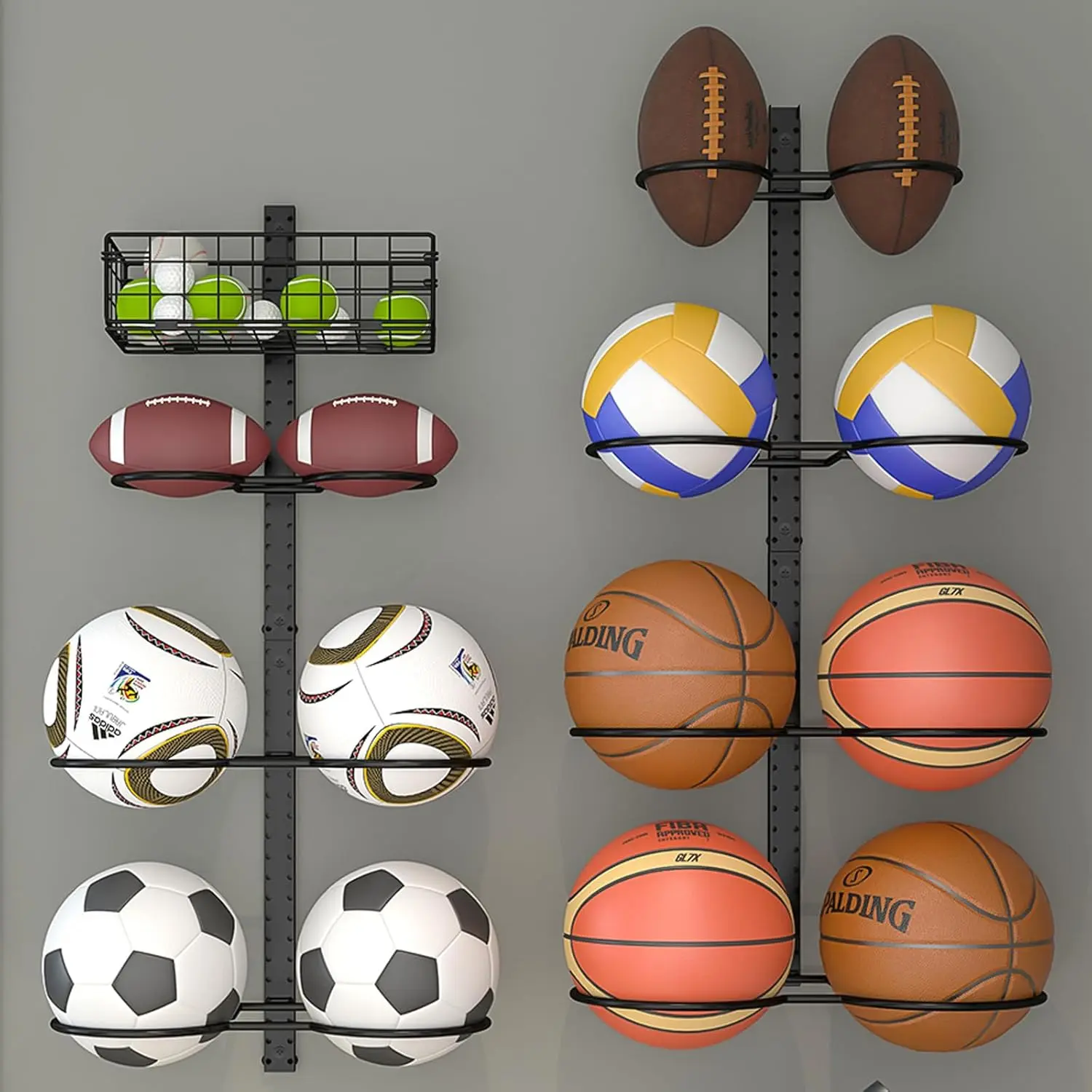 8-Tier Detachable Wall-Mounted Basketball Rack with Vertical/Horizontal Football Holder - Holds 14 Balls, DIY 1/2/3/4 Soccer Stand, Height-Adjustable Ball Rack with Basket for Garage and Tool Room, Metal Black