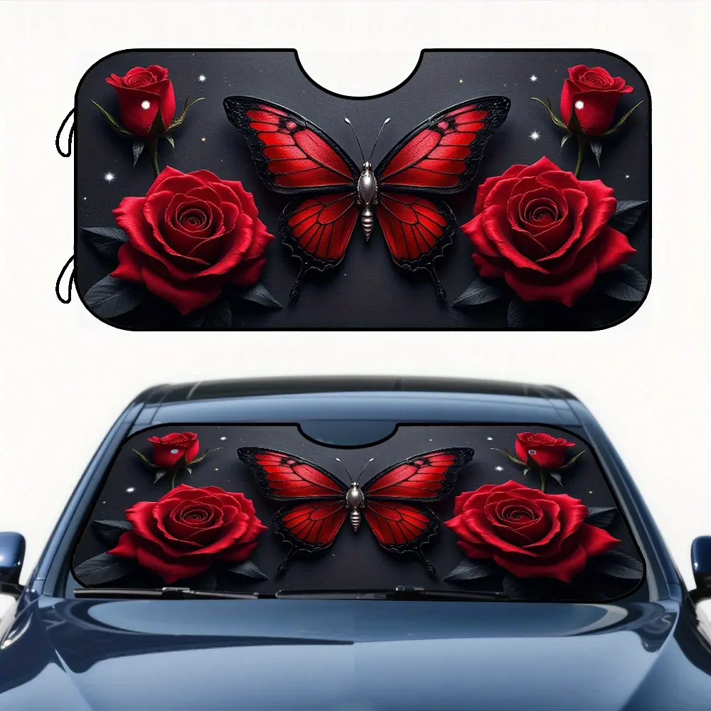 1pc, Red Roses Butterfly Minimalist Design Car Front Windshield Sunshade, Car Sun Shades, Folding Sun Visor for Vehicle, Designed to Maintain Comfortable Interior Temperature on Daily Drives