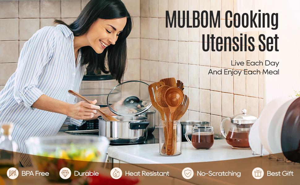 7 PCS Wooden Spoons for Cooking Natural Teak Kitchen Utensils Smooth Non-Stick Surface Cooking Utensils Set Soft Comfort-Grip Wooden Utensils for Cooking