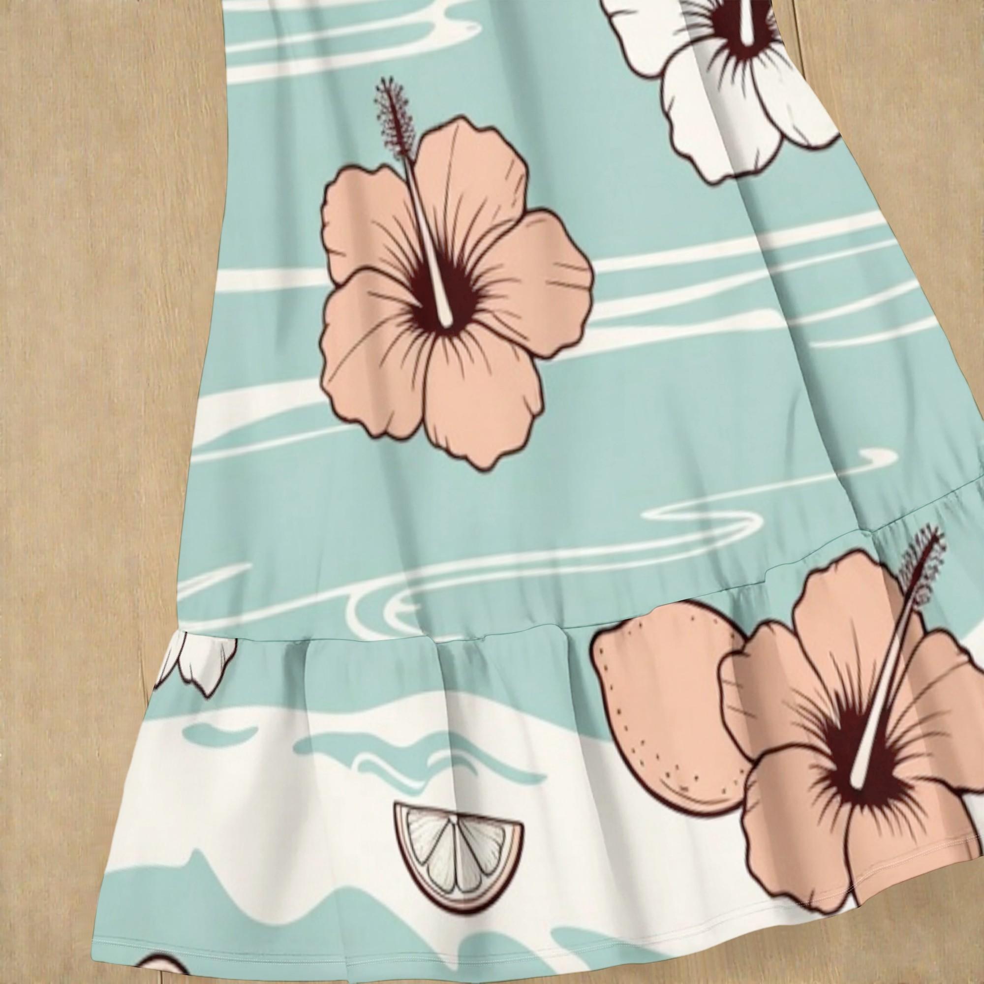 Hawaiian Hibiscus Print Sleeveless Dress Summer Beach Vacation Casual A-Line Swing Dress with Ruffle Hem