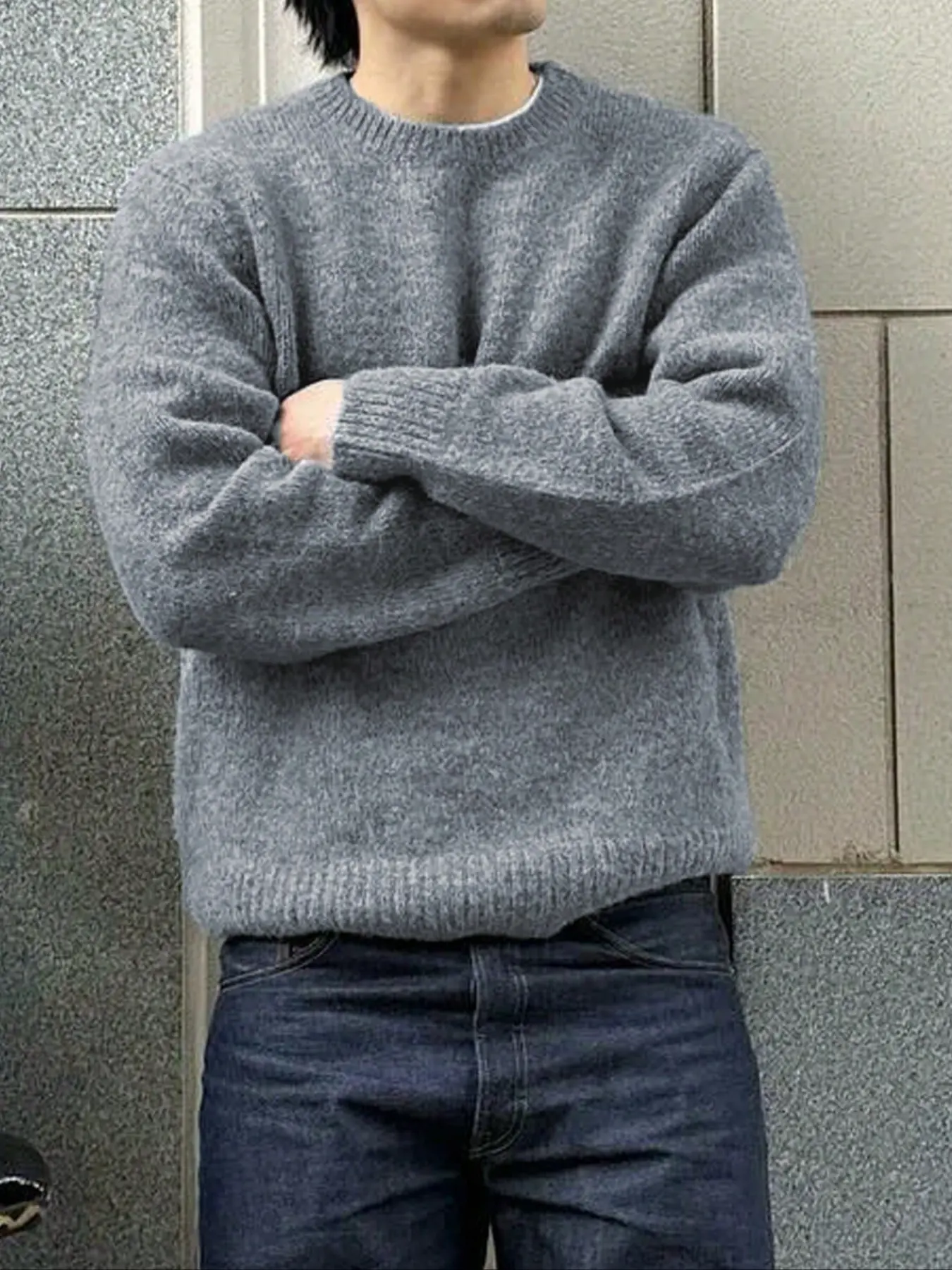 Unisex Long Sleeve Knit Sweater, Casual H-Type Fitted Design, Plain Color Round Neck, Fall & Winter Streetwear, Loose Fit Pullover, Knitwear