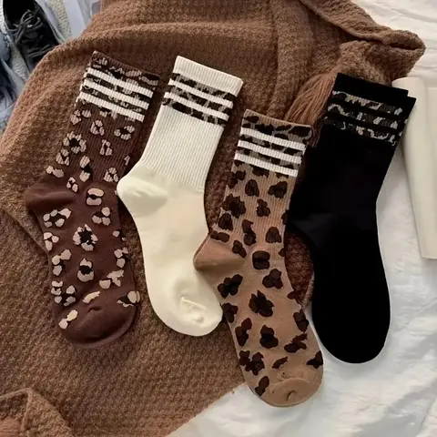 4 Pairs Women's Stylish Mid-Calf Cozy Socks - Trendy Striped Leopard Print, Comfortable, Soft For Both Lounge and Outdoor Wear