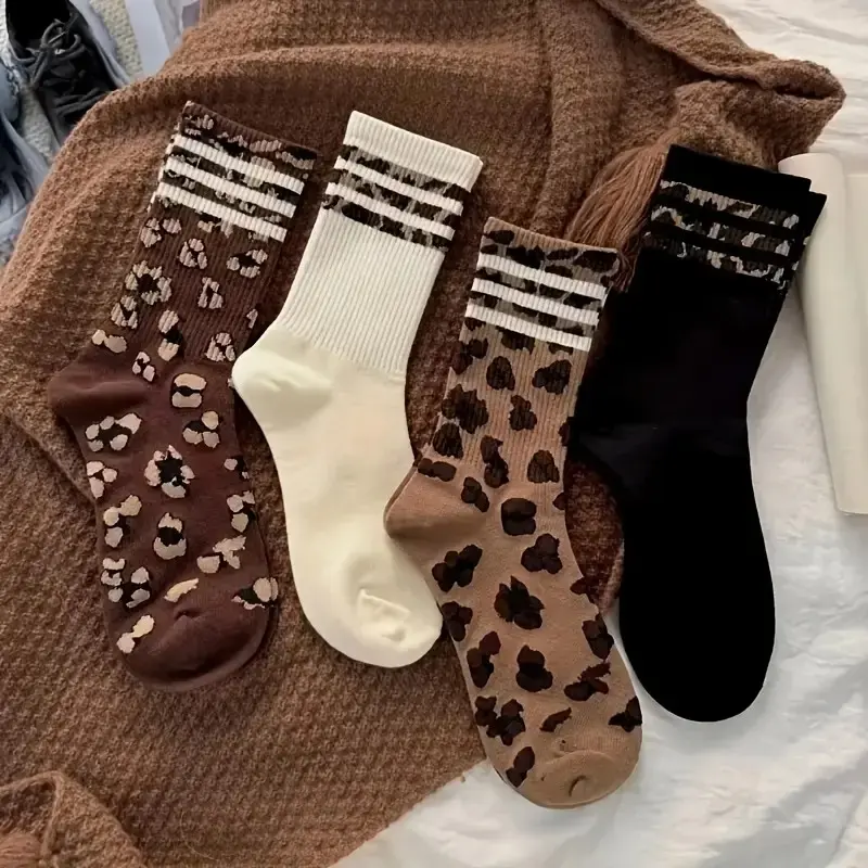 4 Pairs Women's Stylish Mid-Calf Cozy Socks - Trendy Striped Leopard Print, Comfortable, Soft For Both Lounge and Outdoor Wear