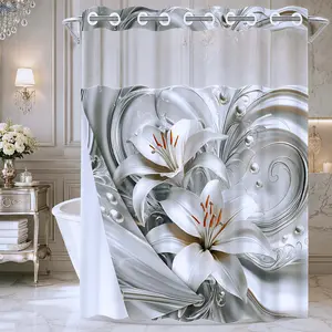 1 Piece No Hook Double Layer Shower Curtain, Luxury Silver Lily Print Bath Curtain, Waterproof, Mildew Resistant, Durable Fabric, Elegant Home Decor, Decorative Shower Curtain, Removable Liner, Top See-Through Window, Partition Curtain 71"×74"
