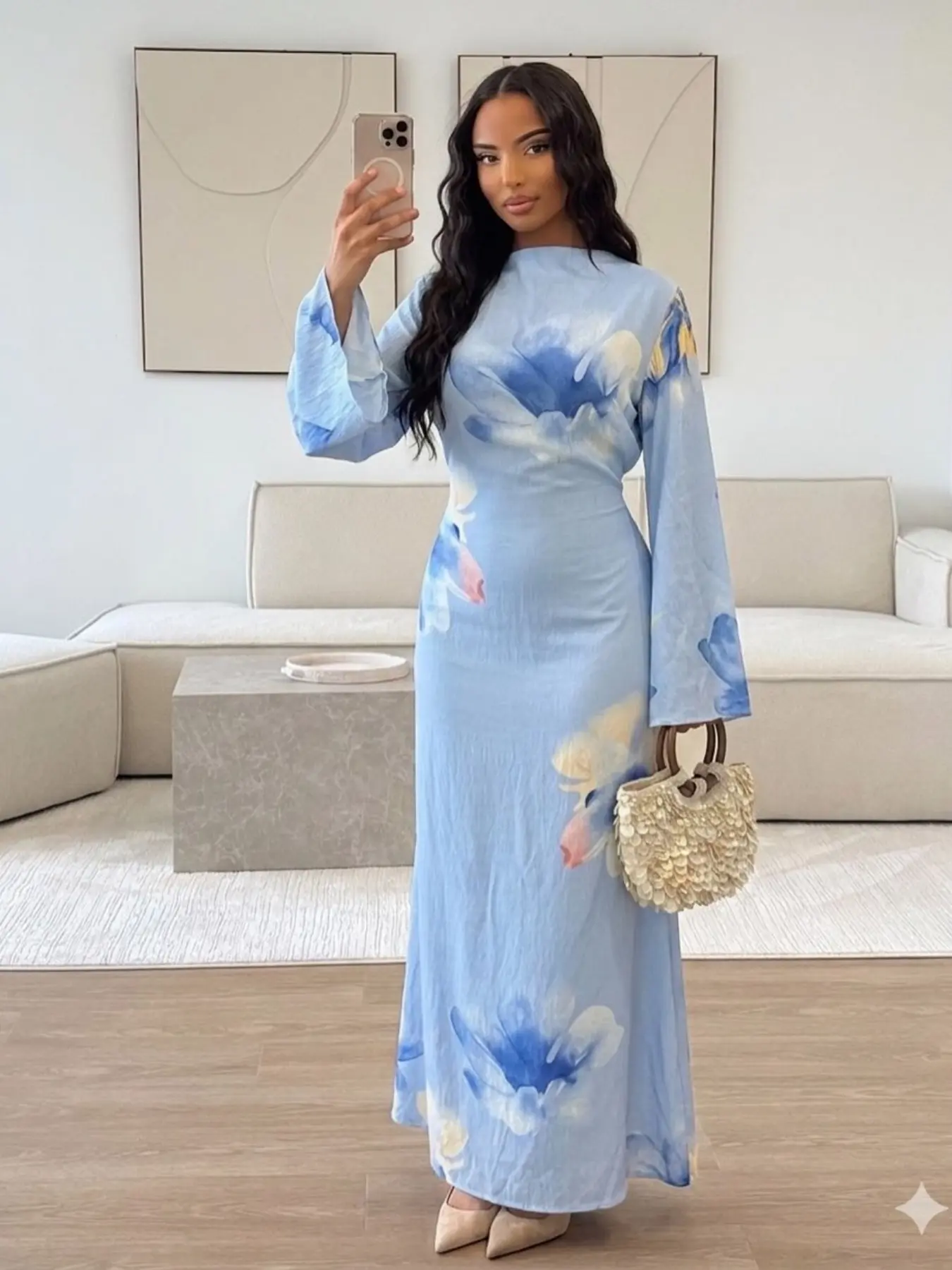 New Muslim Women's Long Dress, Multi-Color Choice, Bell Sleeve, All over Print, Elegant Loose-Fit, Casual Daily Wear, Vacation Dress