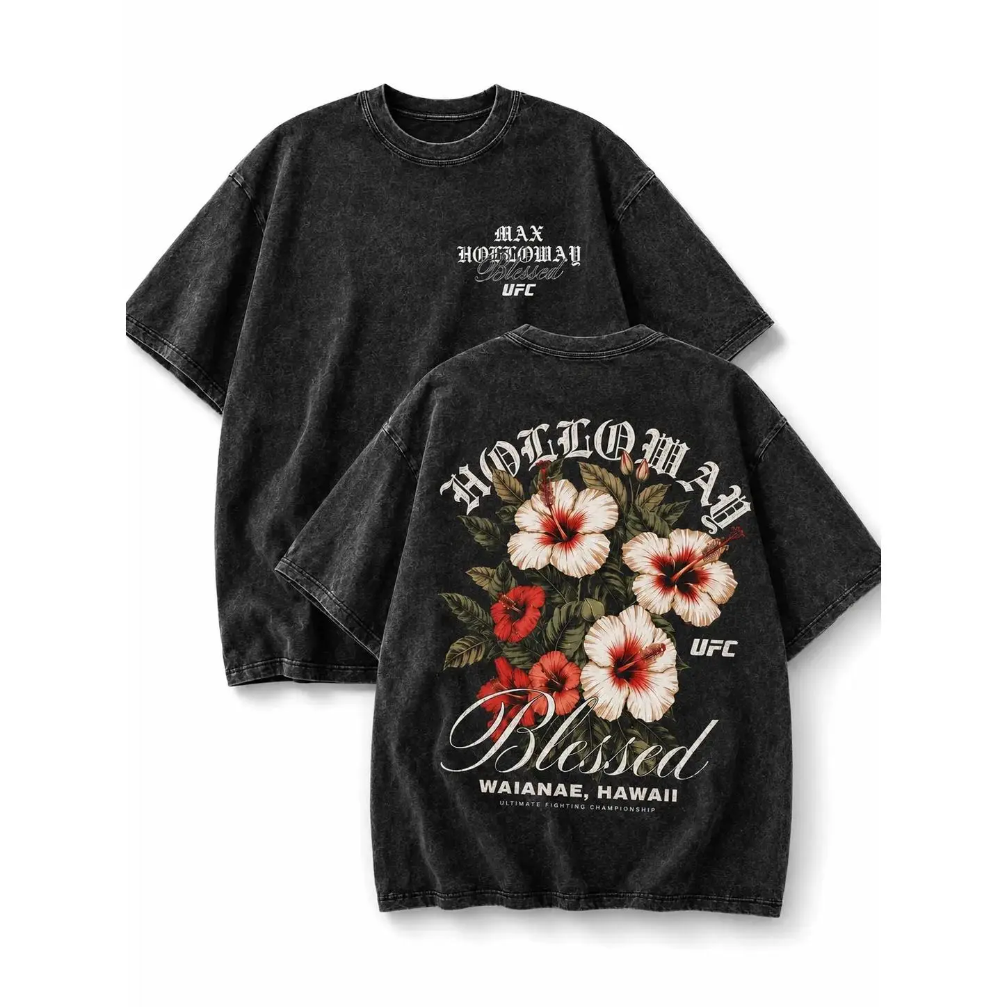 Max Holloway Blessed Double Sided Graphic Tee, UFC Hawaiian Floral MMA Fan Vintage Washed T Shirt for Men