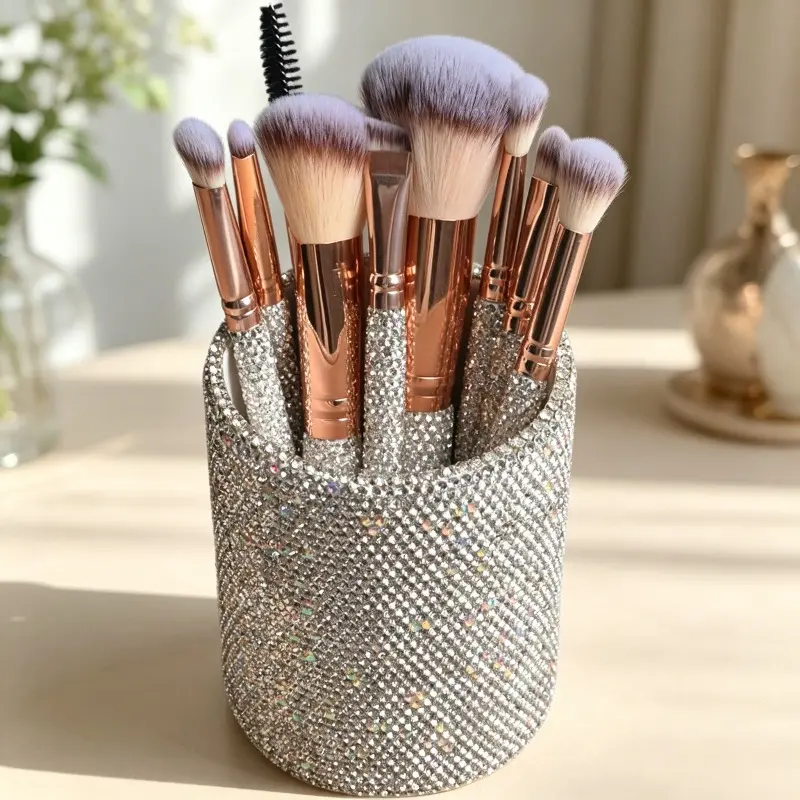 9‑Piece Full Rhinestone‑Decorated Makeup Brush Set, Complete Beauty Brushes, Cosmetic Brushes for Powder, Contour and Eyeshadow, with Portable Storage