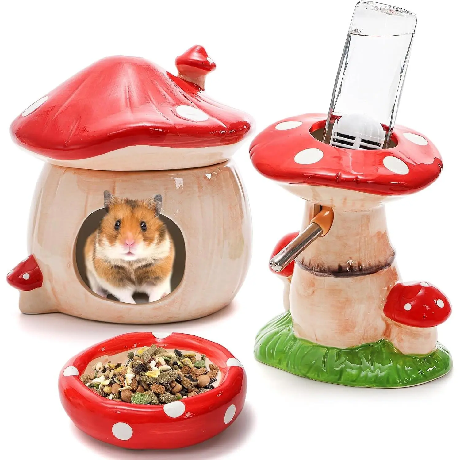 3 Pack Ceramic Hamster Hideout, Mushroom Shape Guinea Pig Food Bowl Cute Water Bottle with Stand, Cool Hamster Bed House Small Animal Cage Accessories for Dwarf Hamsters, Mice, Gerbils
