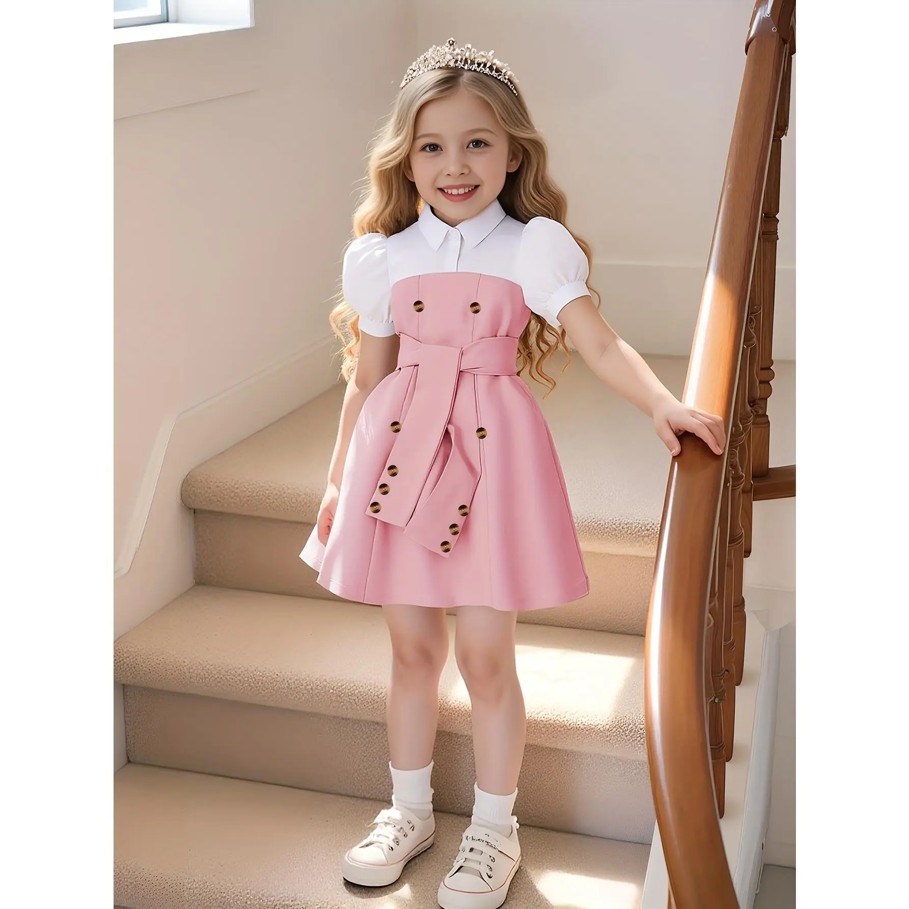 Girls' Elegant Color Block Dress with Puff Sleeves and a Button-Front Bodice, Black Polyester Fiber Umbrella Skirt for Parties, Street Wear, and Cheerleading, Ages 4y-10y, Camping, Birthday Outfit, Buttons
